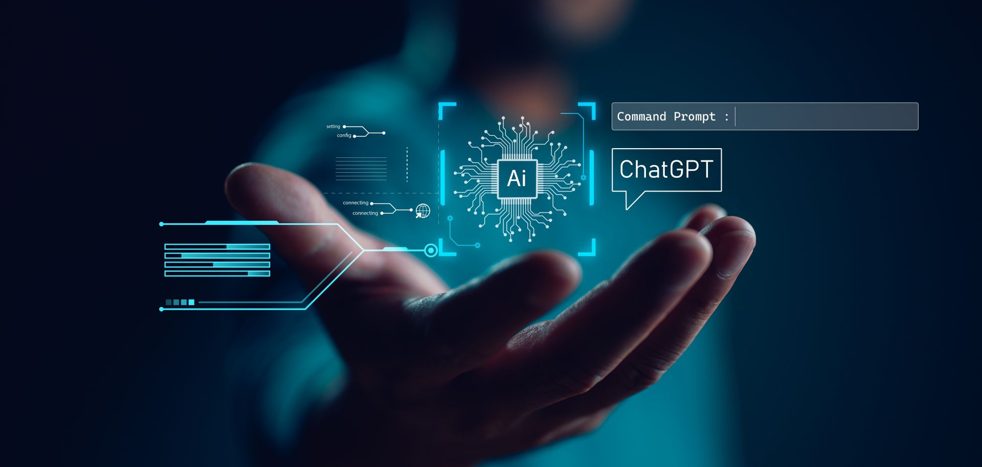 A hand holds a virtual circuitry-inspired display that represents ChatGPT.