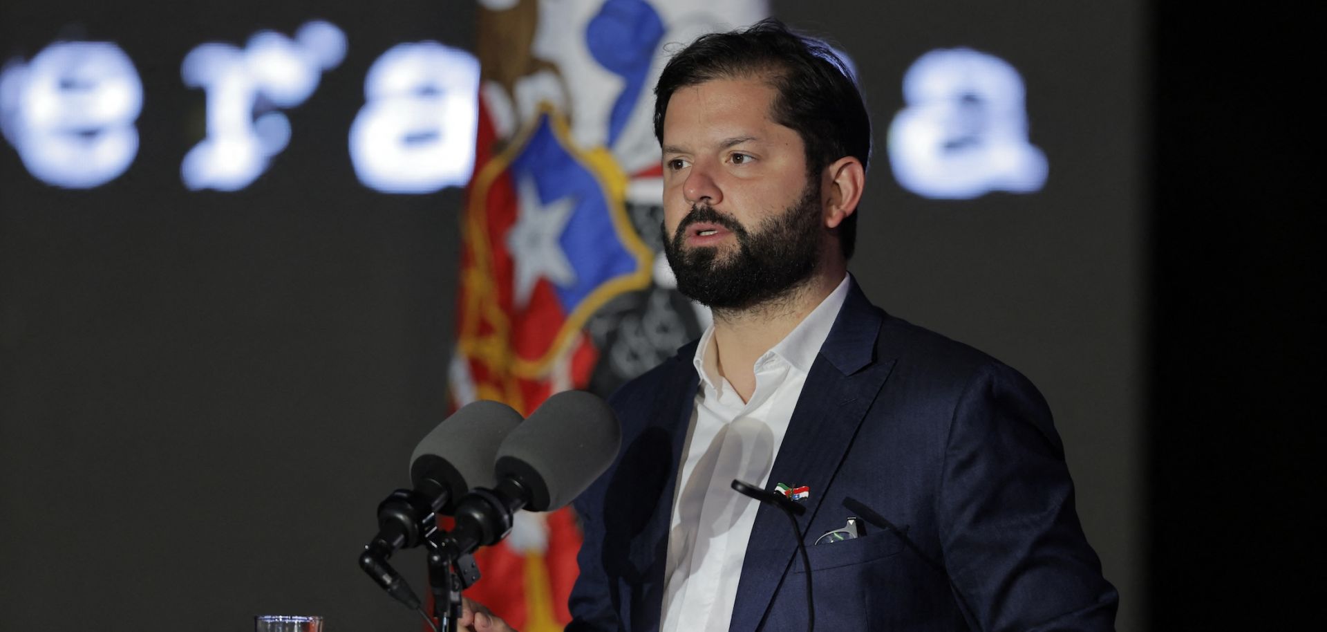 Chile's President Gabriel Boric speaks during the "Palestinian Christmas: From Bethlehem to Chile, a light of hope" ceremony in Santiago on Dec. 17, 2024.