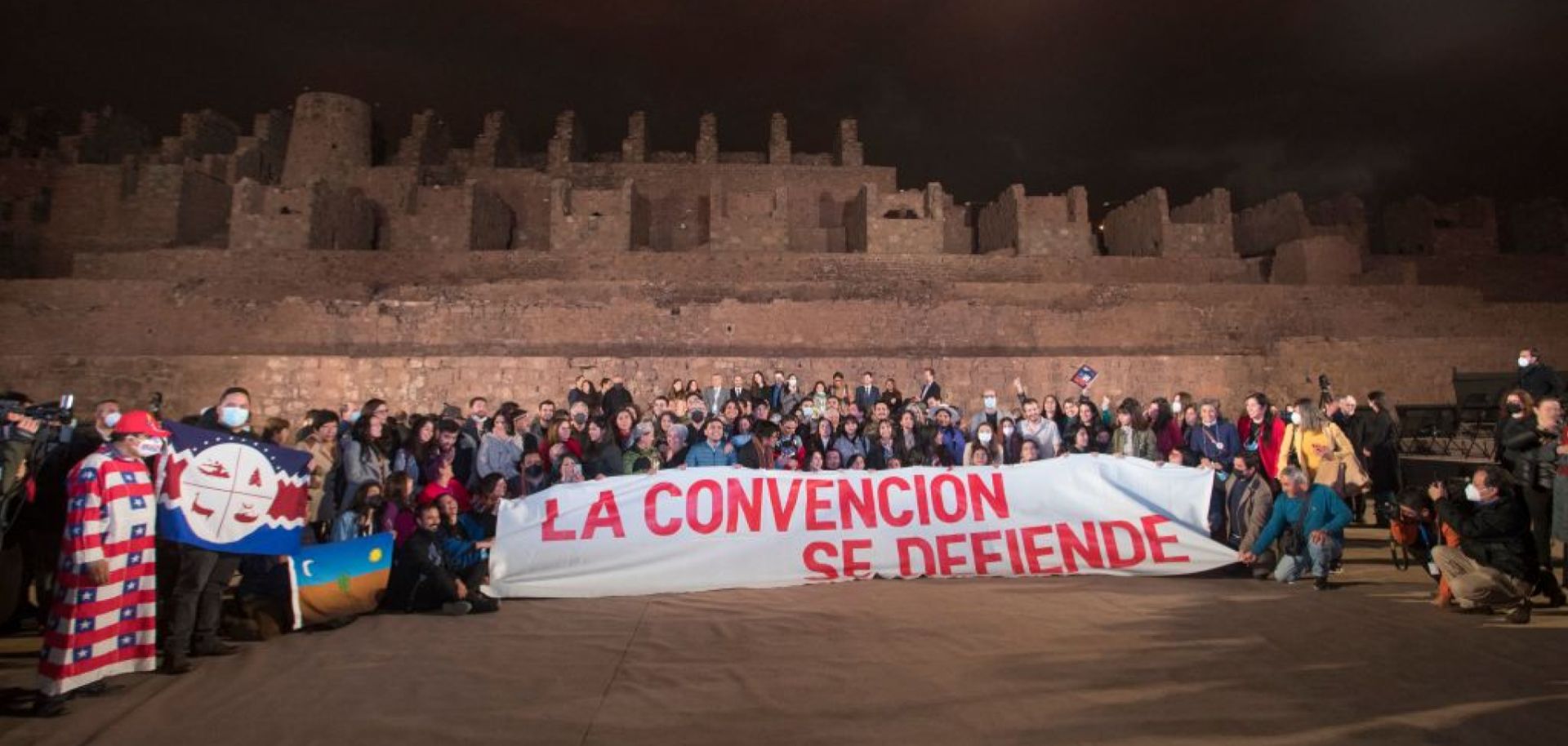 Members of the Constitutional Convention pose for a picture during the official presentation of the draft they made of the new constitution on May 16, 2022, at the Ruinas de Huanchaca National Monument in Antofagasta, Chile.