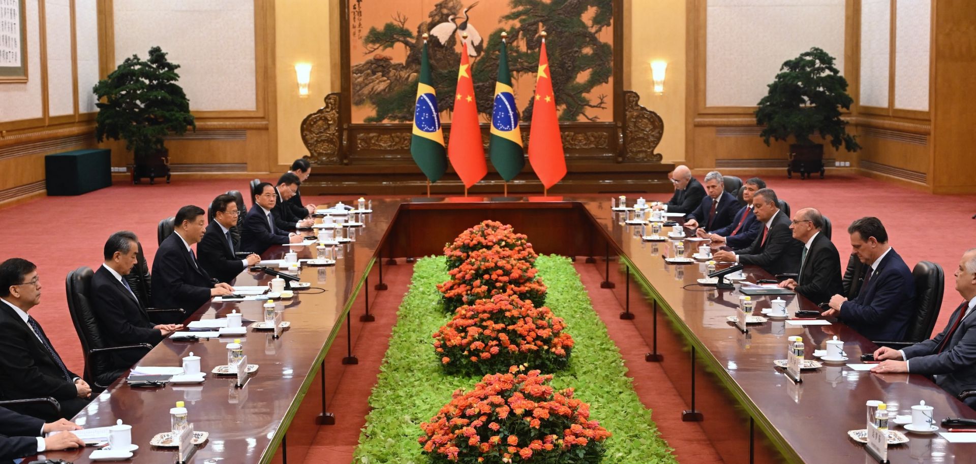 Chinese President Xi Jinping (third from left) and Brazilian Vice President Geraldo Alckmin (third from right) hold a meeting at the Great Hall of the People in Beijing on June 7, 2024. 