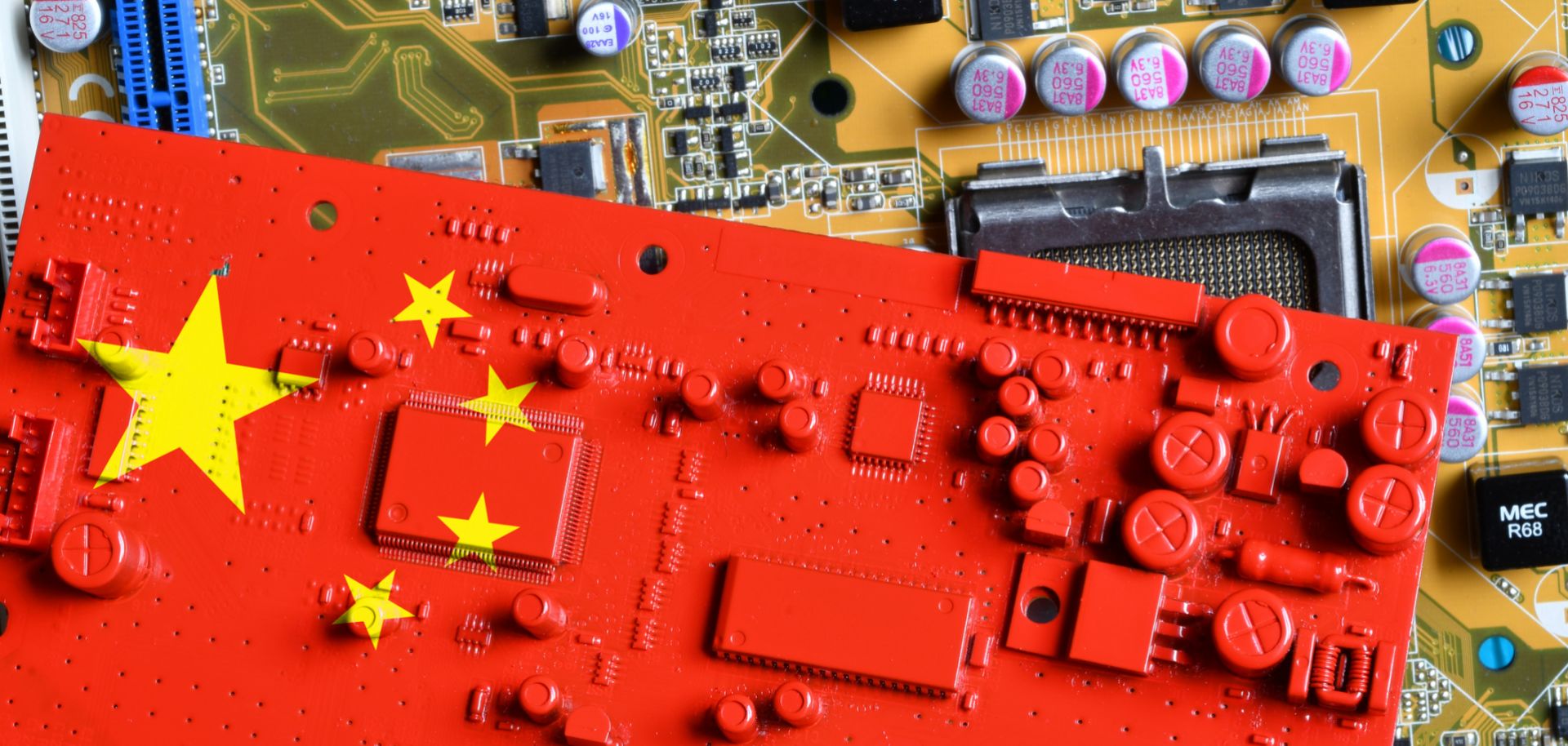 Flag of China on a red-painted printed circuit board.
