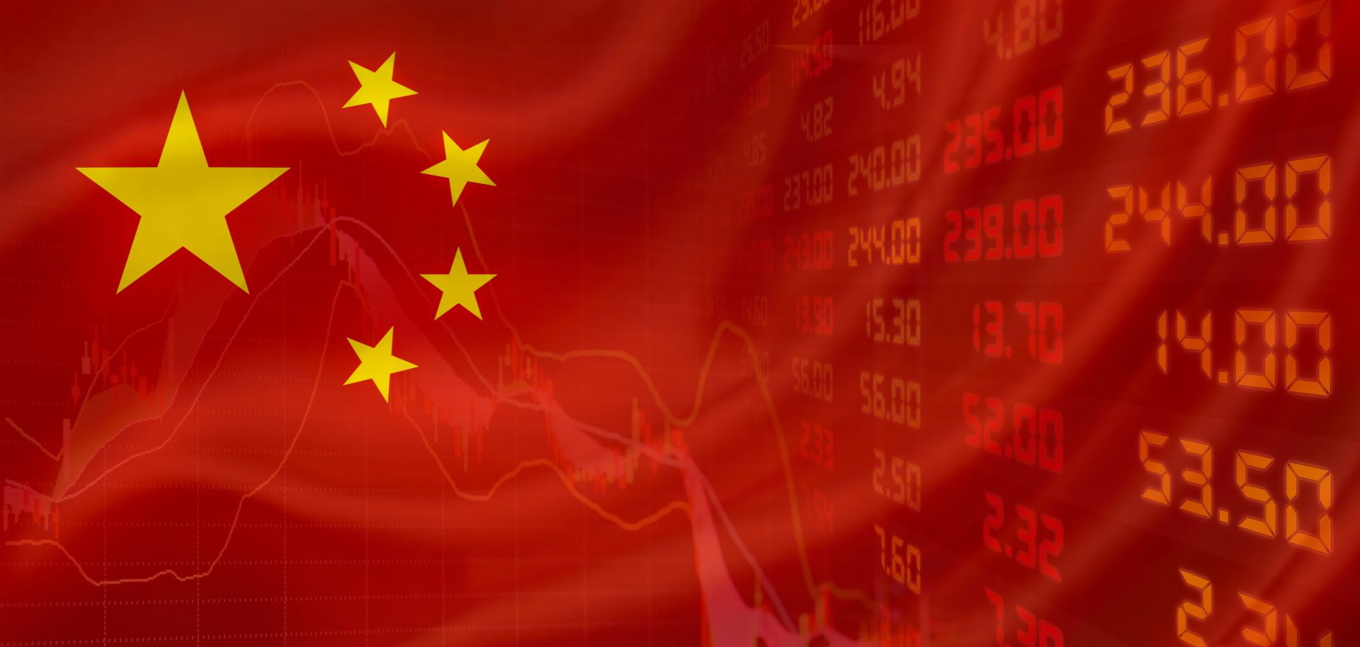 An illustration shows the Chinese flag overlaying stock prices.