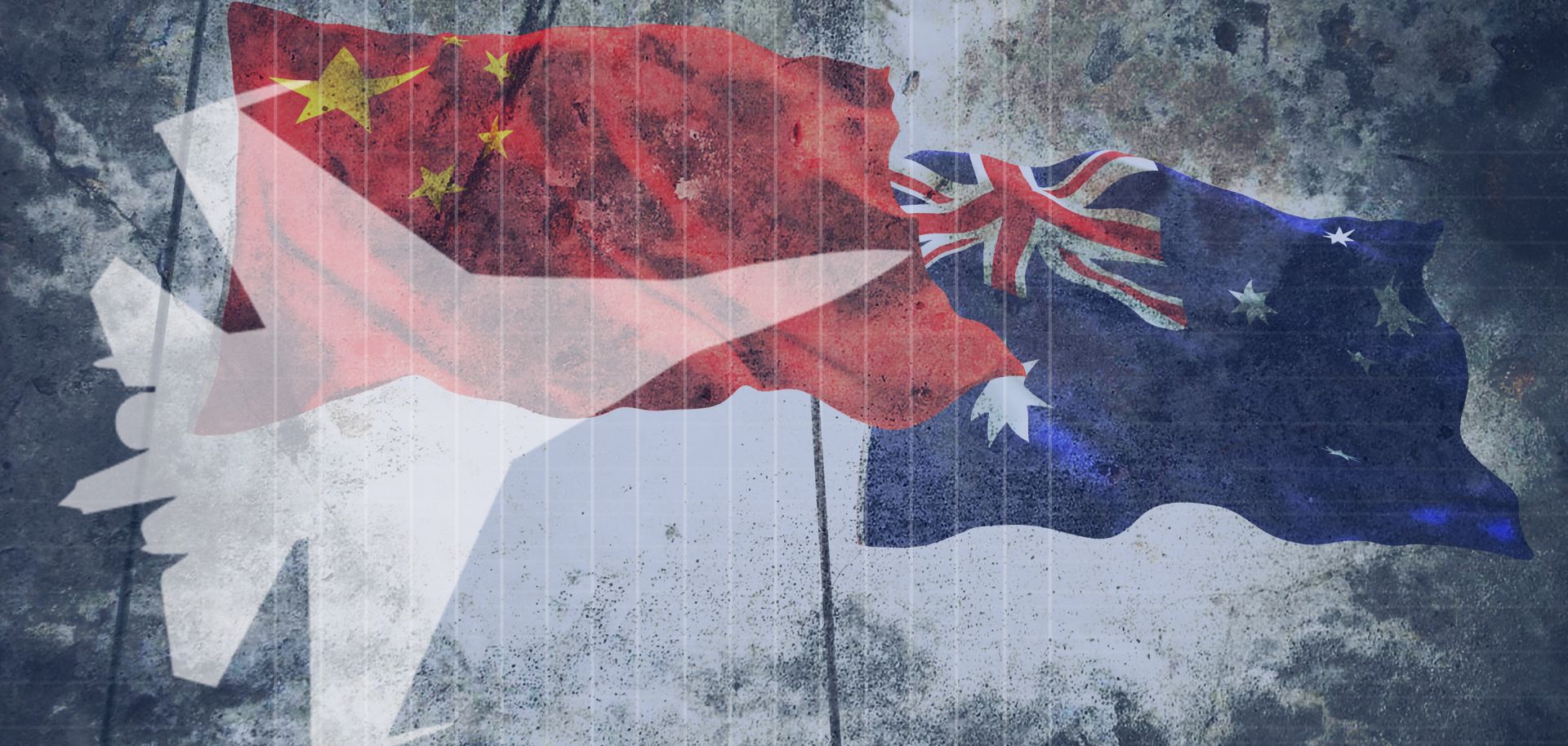 A digital illustration shows a jet overlaying the Chinese and Australian flags.