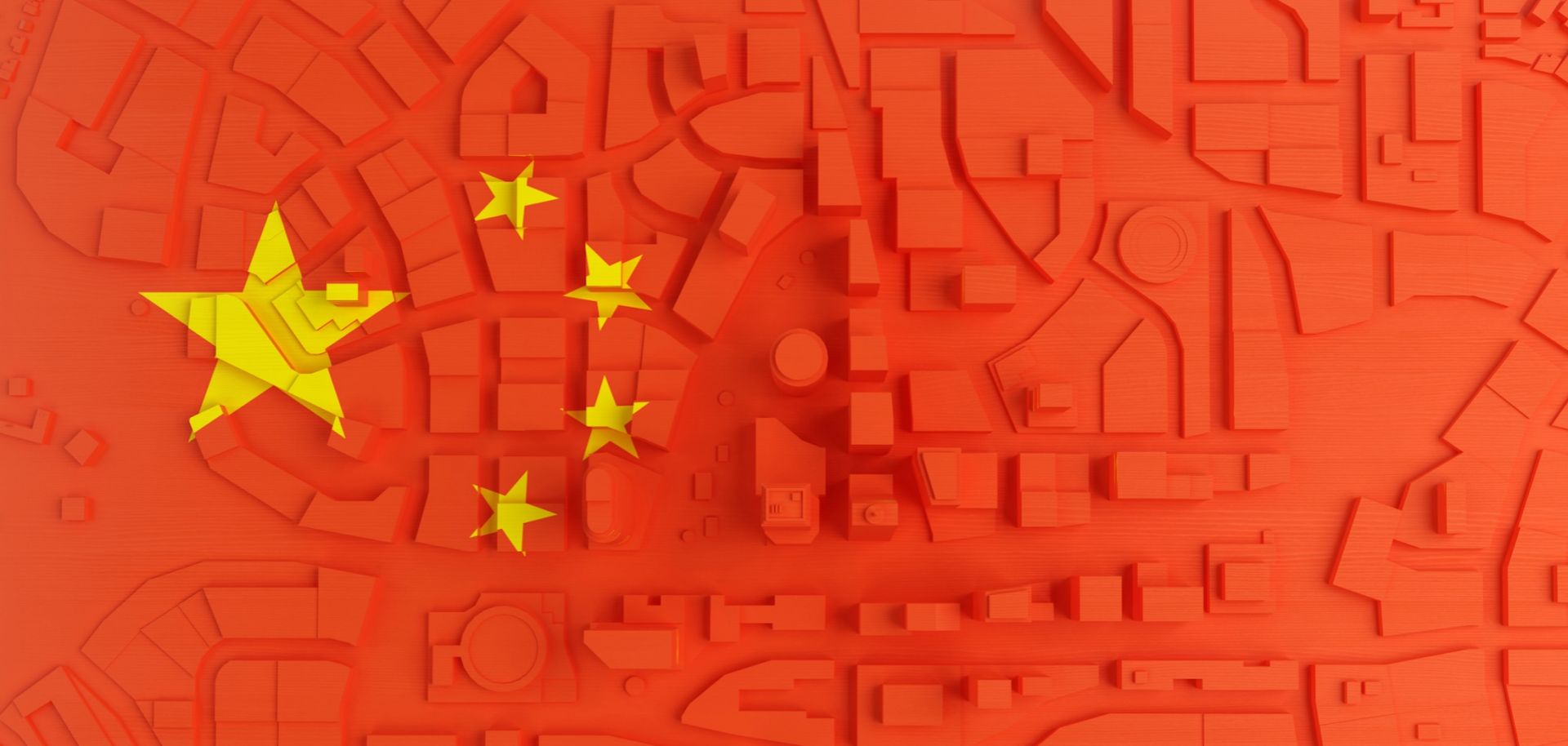 A 3D modeled town in the shape of the Chinese flag.