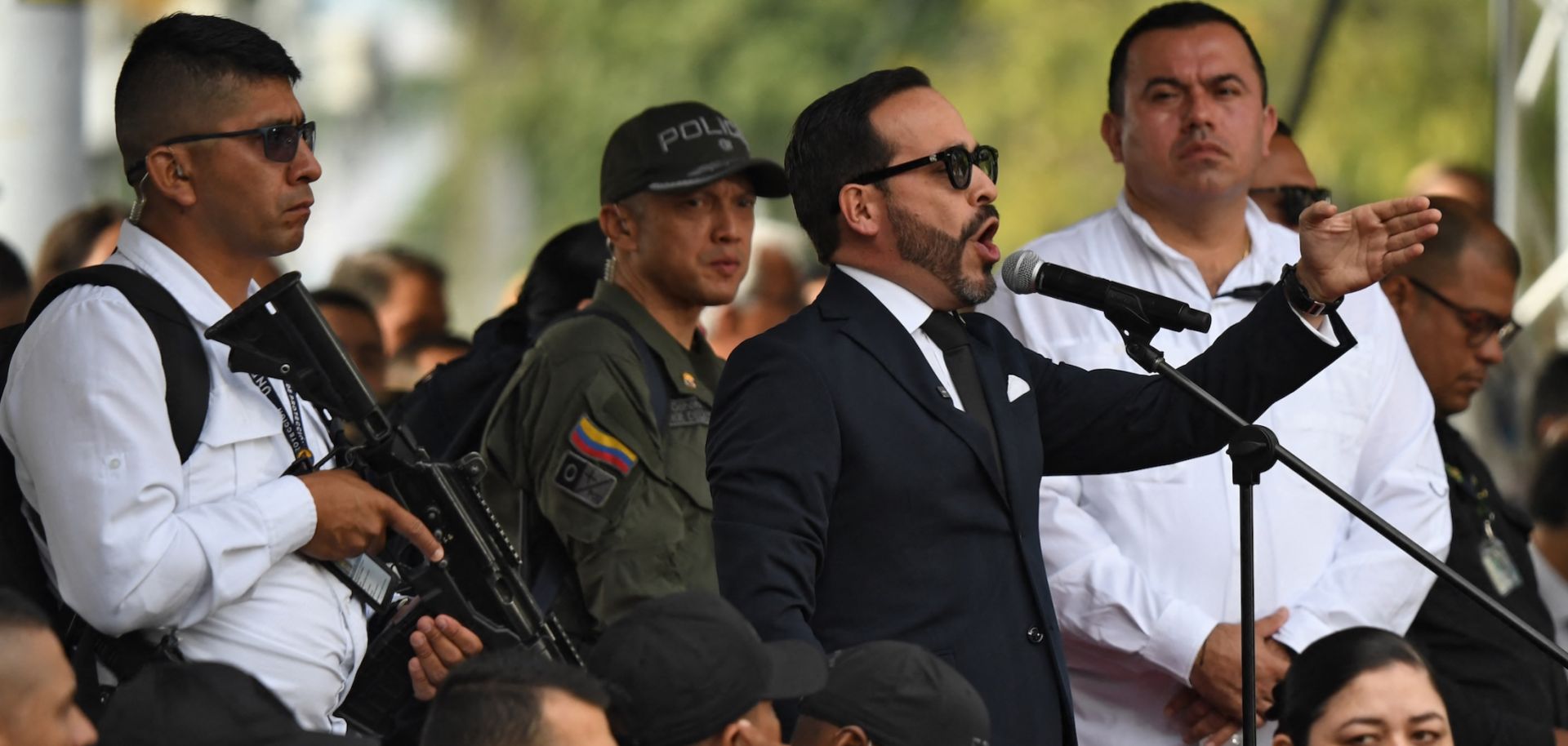 Colombia's President-elect Abelardo de la Espriella (R) delivers a speech during a military parade commemorating Colombia's Independence Day in Medellin, Colombia, on July 20, 2026.
