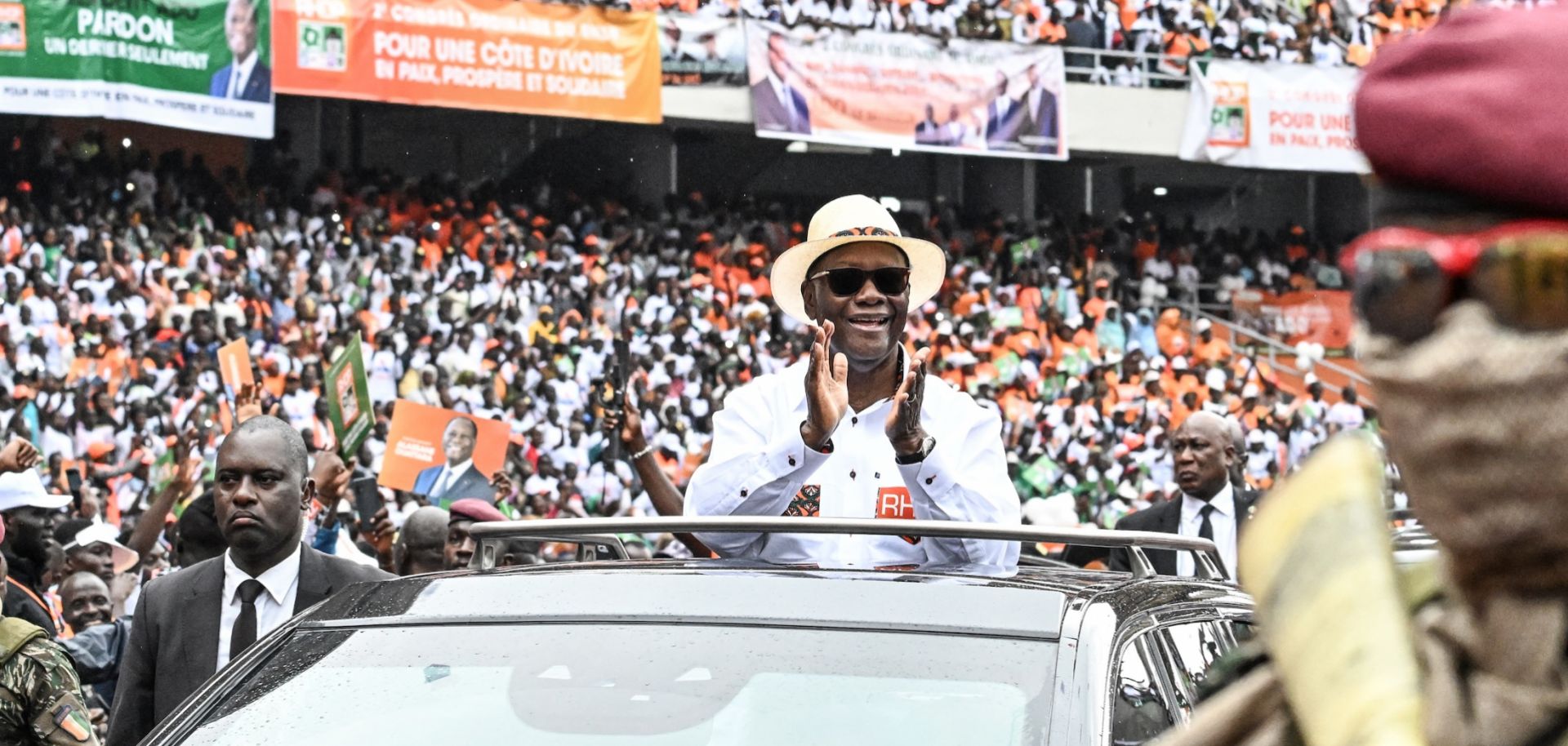 Ivory Coast President Alassane Ouattara arrives at the Ebimpe Olympic Stadium on June 22, 2025, in Abidjan.