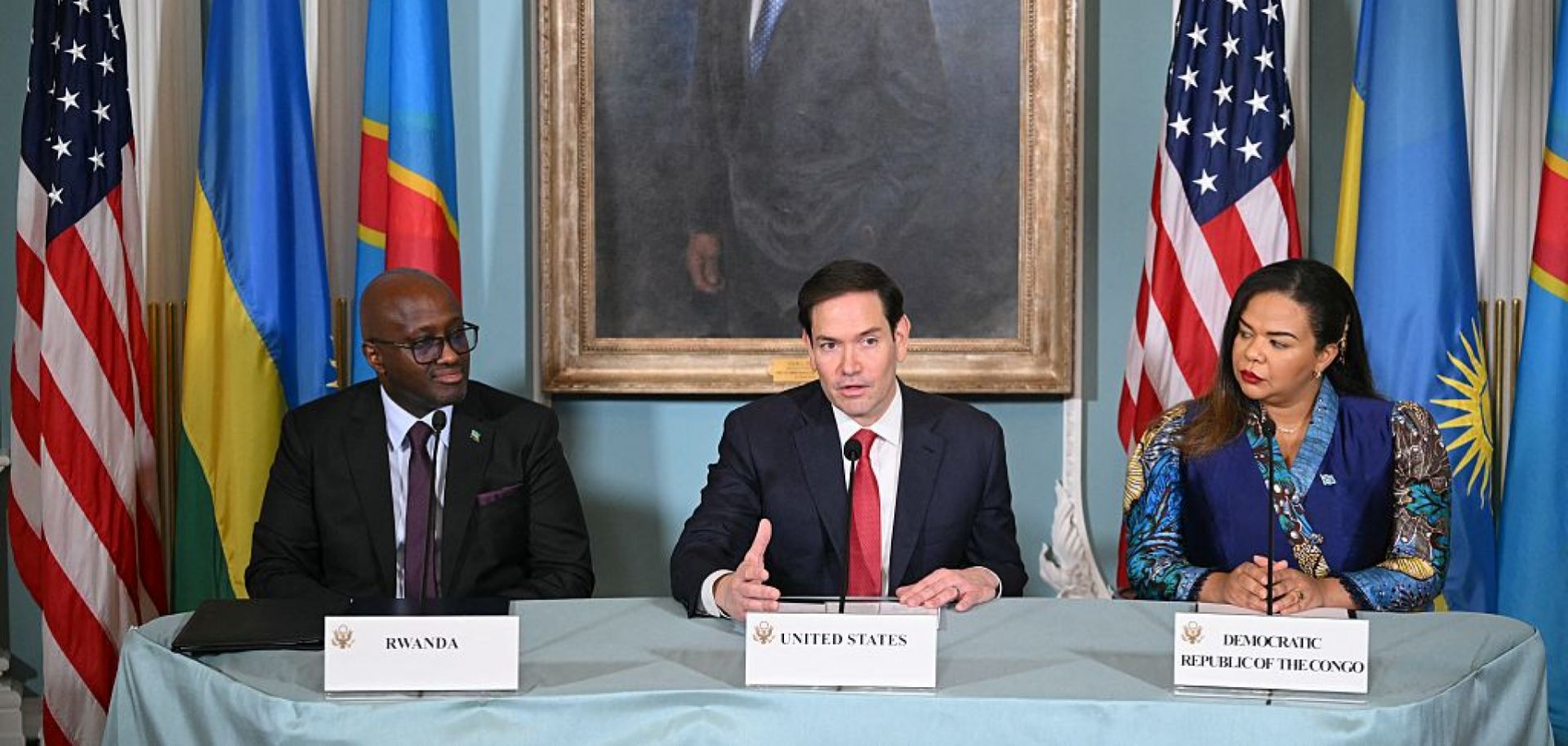 U.S. Secretary of State Marco Rubio (C) speaks during a peace agreement signing ceremony between Congolese Foreign Minister Therese Kayikwamba Wagner (R) and Rwandan Foreign Minister Olivier Nduhungirehe in the Treaty Room of the State Department in Washington, D.C., on June 27, 2025.
