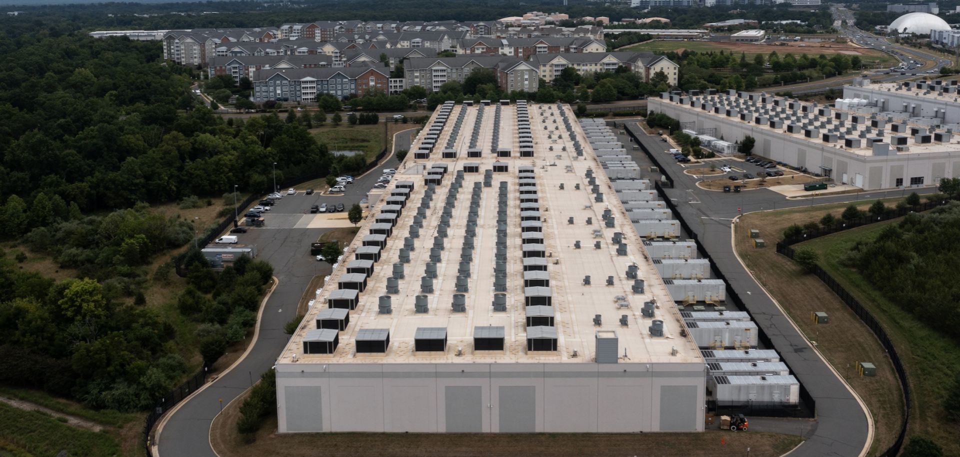 An aerial view of the IAD71 Amazon Web Services data center is seen on July 17, 2024, in Ashburn, Virginia.