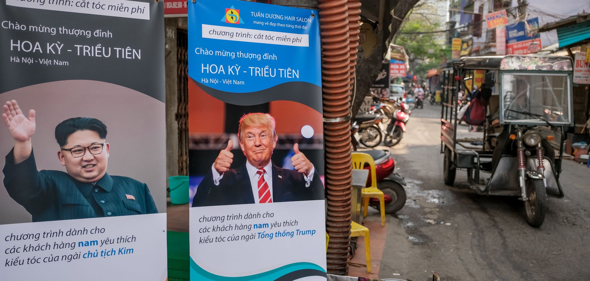 A beauty academy in Hanoi, Vietnam, offers free haircuts to anyone who wants to copy the hairstyle of U.S. President Donald Trump or North Korean leader Kim Jong Un, on Feb. 20, 2019.