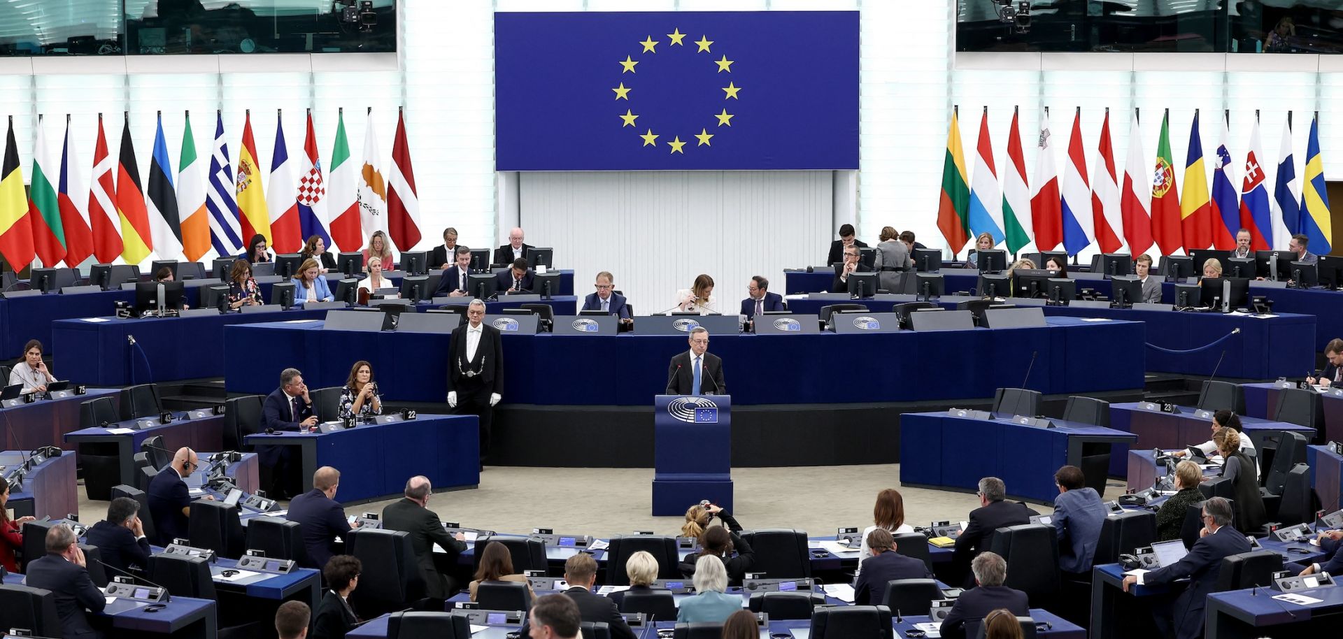 Former Italian Prime Minister and economist Mario Draghi discusses his plan to strengthen Europe's competitiveness during a plenary session of the European Parliament in Strasbourg, eastern France, on Sept. 17, 2024. 