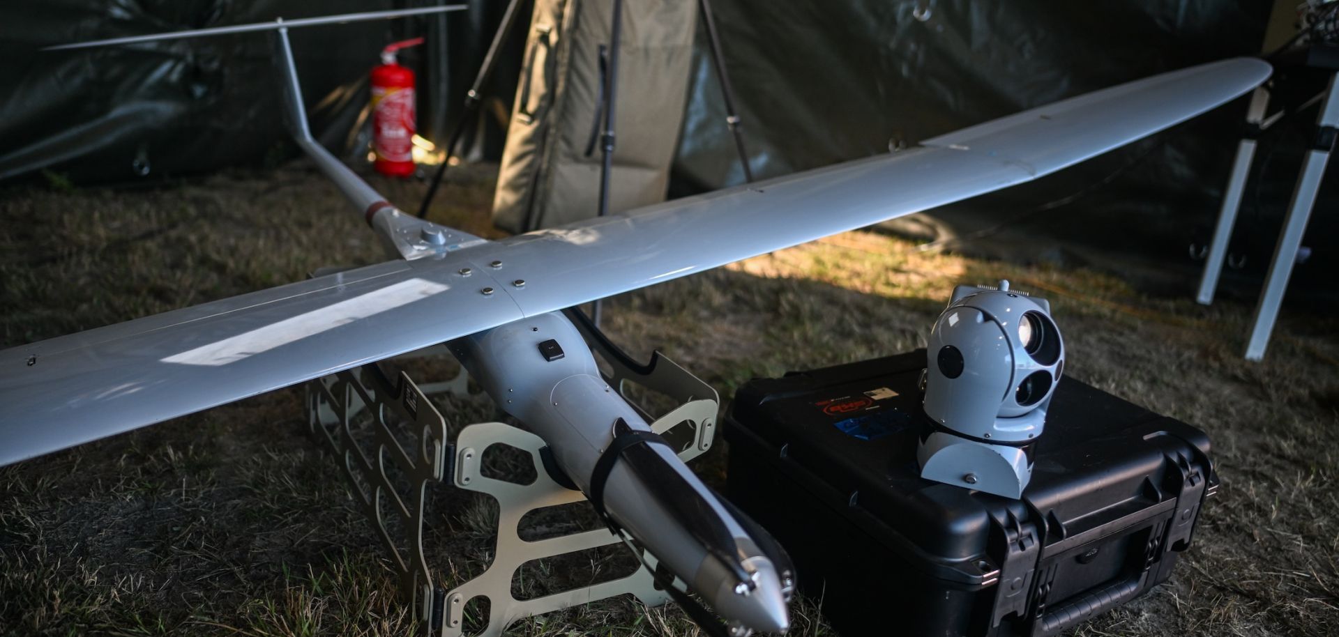 A Polish-made FlyEye V3.0 drone is displayed during the Iron Defender-25 media day on Sept. 18, 2025, in Nowa Deba, Poland. 