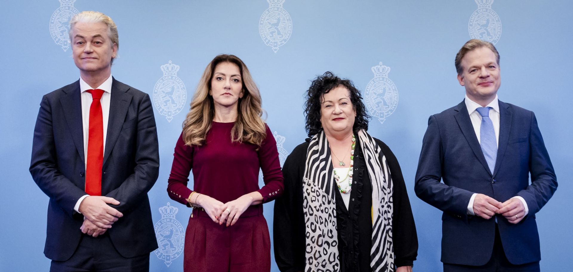 The four leaders of the parties that form the new Dutch government,  Geert Wilders, Dilan Yesilgoz, Caroline van der Plas and Pieter Omtzigt, (L-R) on May 16 in The Hague.