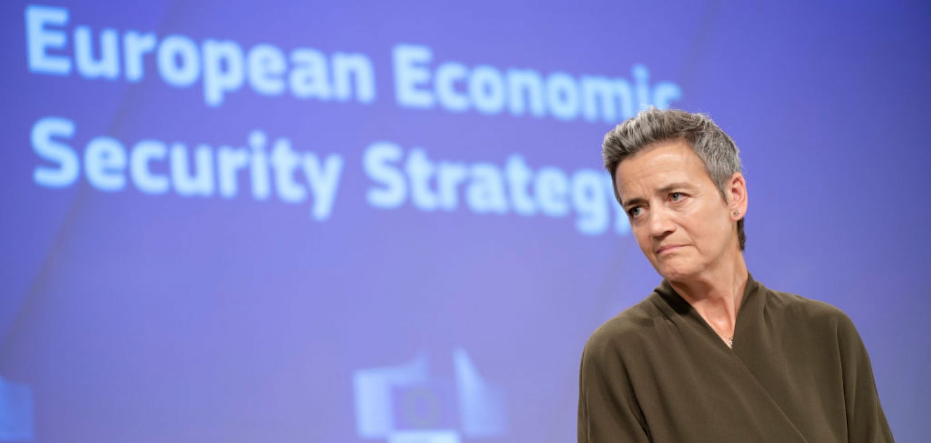 EU digital Commissioner Margrethe Vestager speaks regarding the Economic Security Strategy on June 20, 2023, in Brussels.