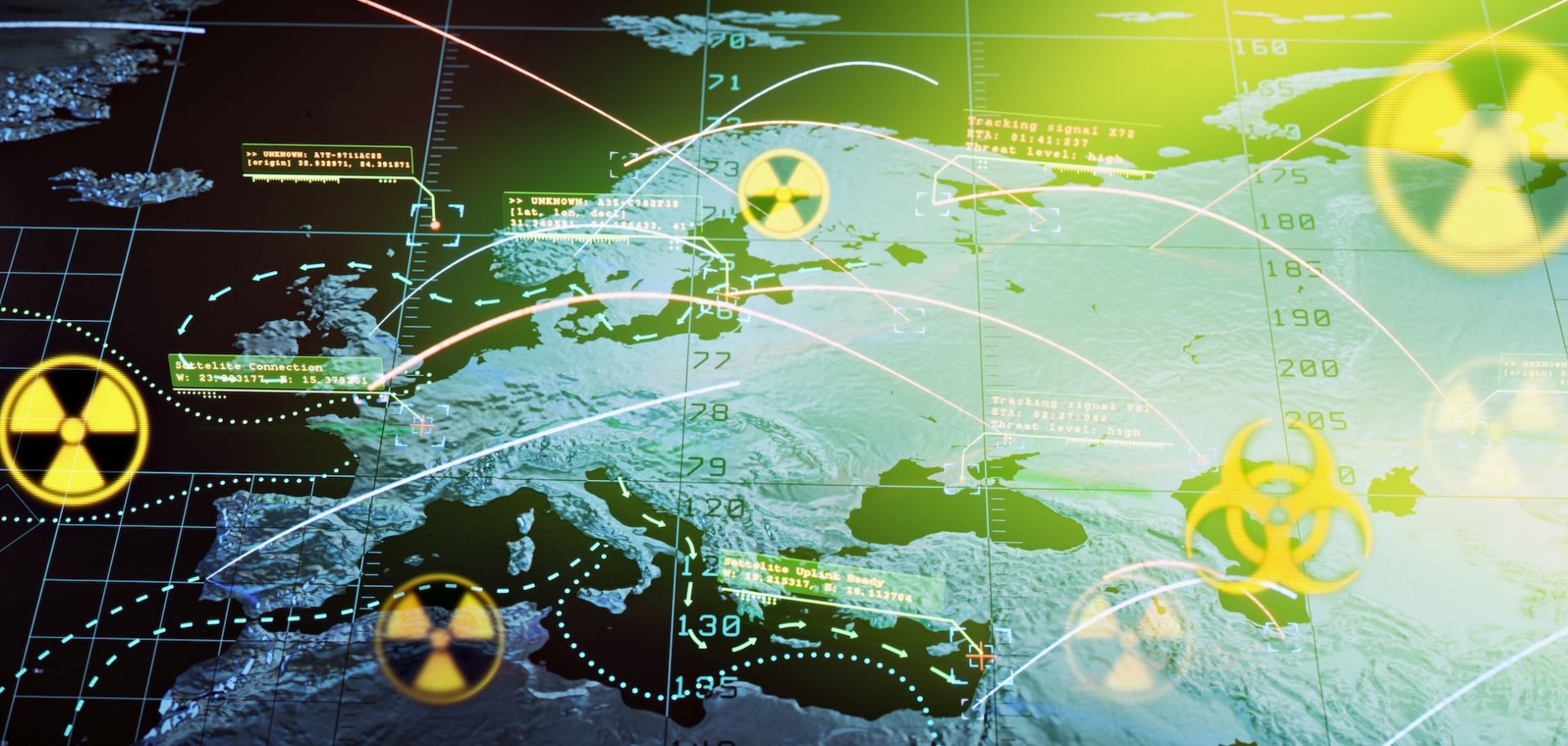 A digital illustration shows a nuclear launch map of Europe. 