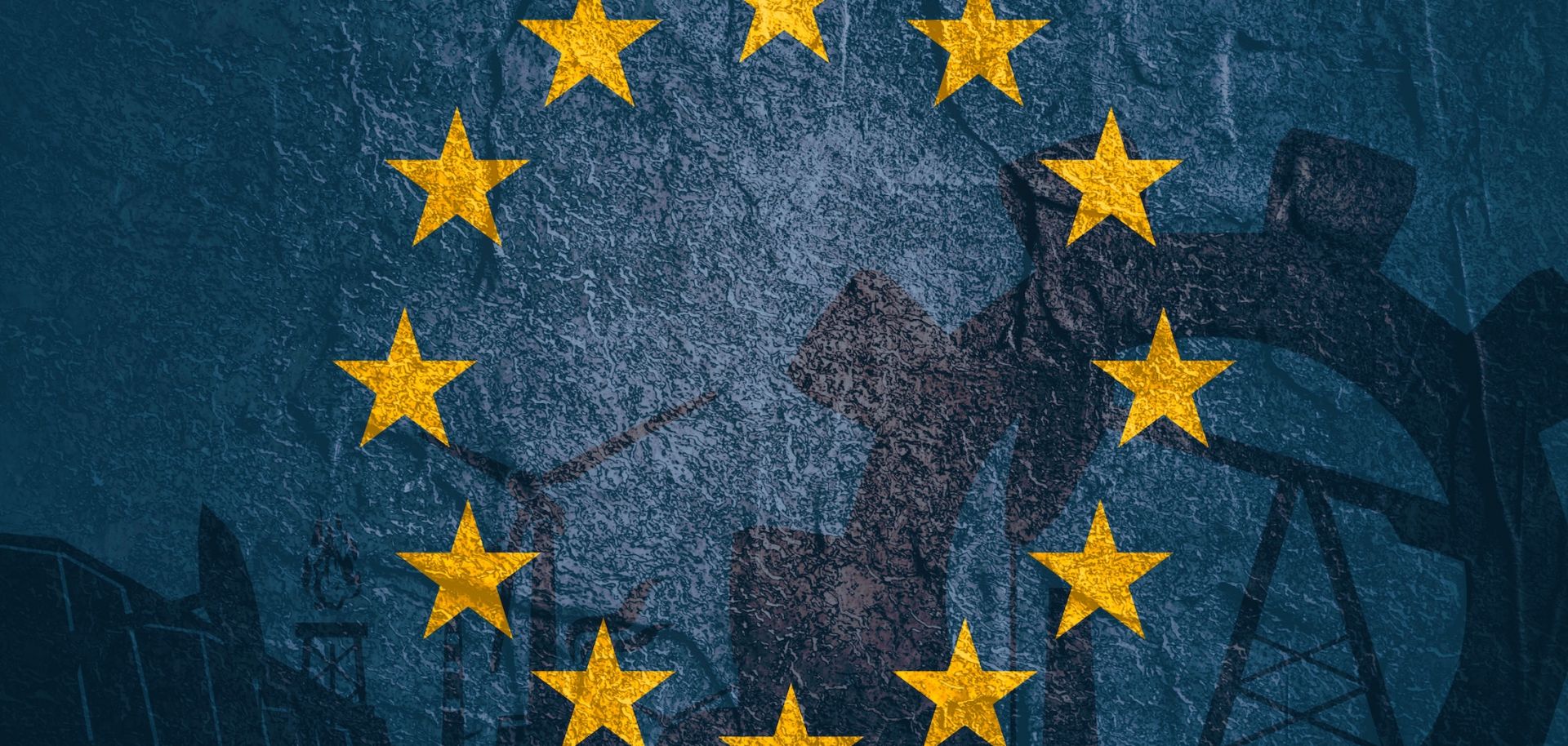 A digital illustration shows energy and power icons set with the EU flag. 