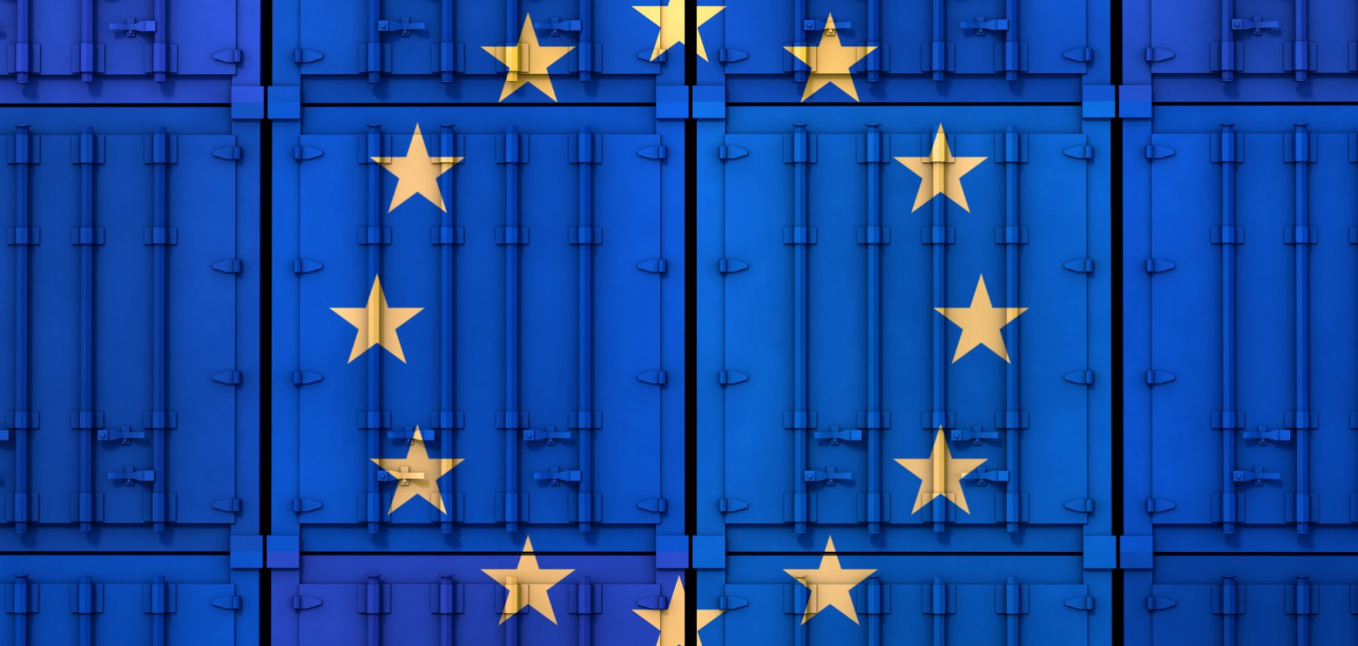 The EU flag is seen on stacked cargo containers.