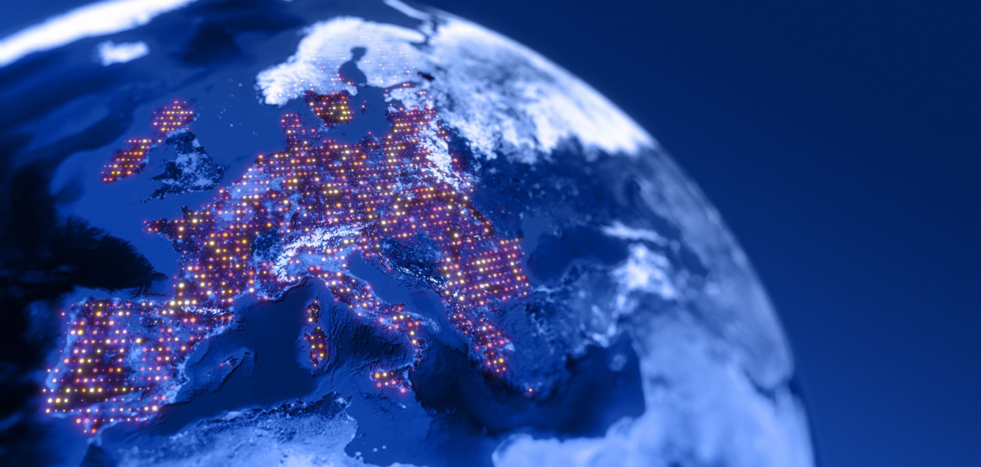 A digital satellite illustration shows Europe at night.
