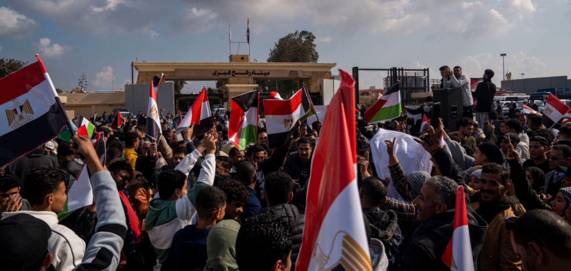 Egyptians protest in front of the Rafah border crossing, rejecting the proposed displacement of Palestinians in Gaza to Egypt and Jordan, on Jan. 31, 2025. 