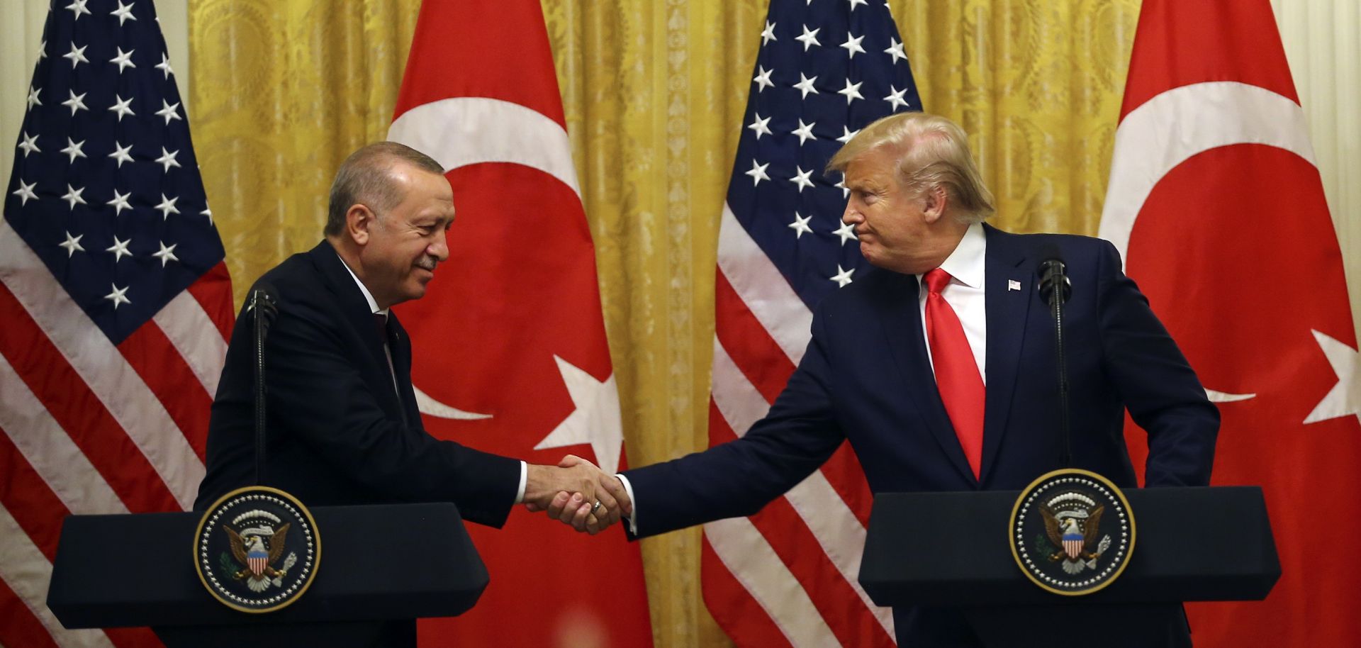 Turkish President Recep Tayyip Erdogan and U.S. President Donald Trump hold a news conference at the White House on Nov. 13, 2019.