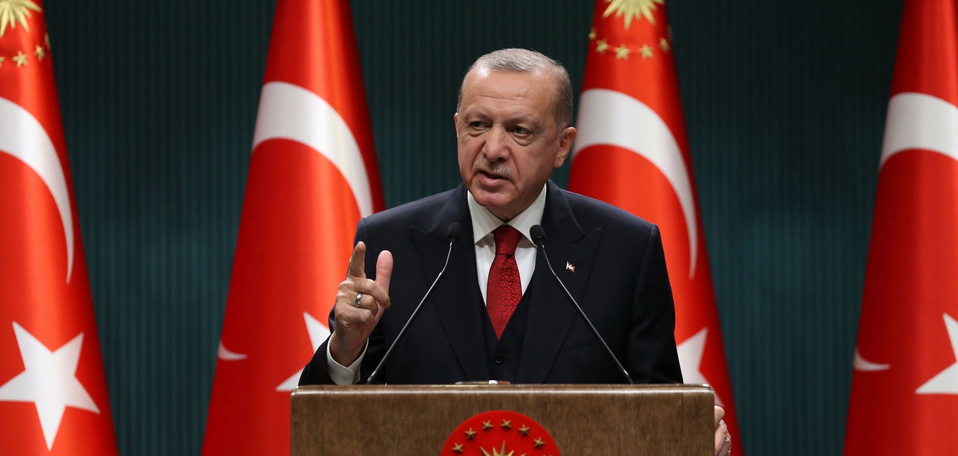 Turkish President Recep Tayyip Erdogan gestures as he gives a press conference in Ankara, Turkey, on September 21, 2020.