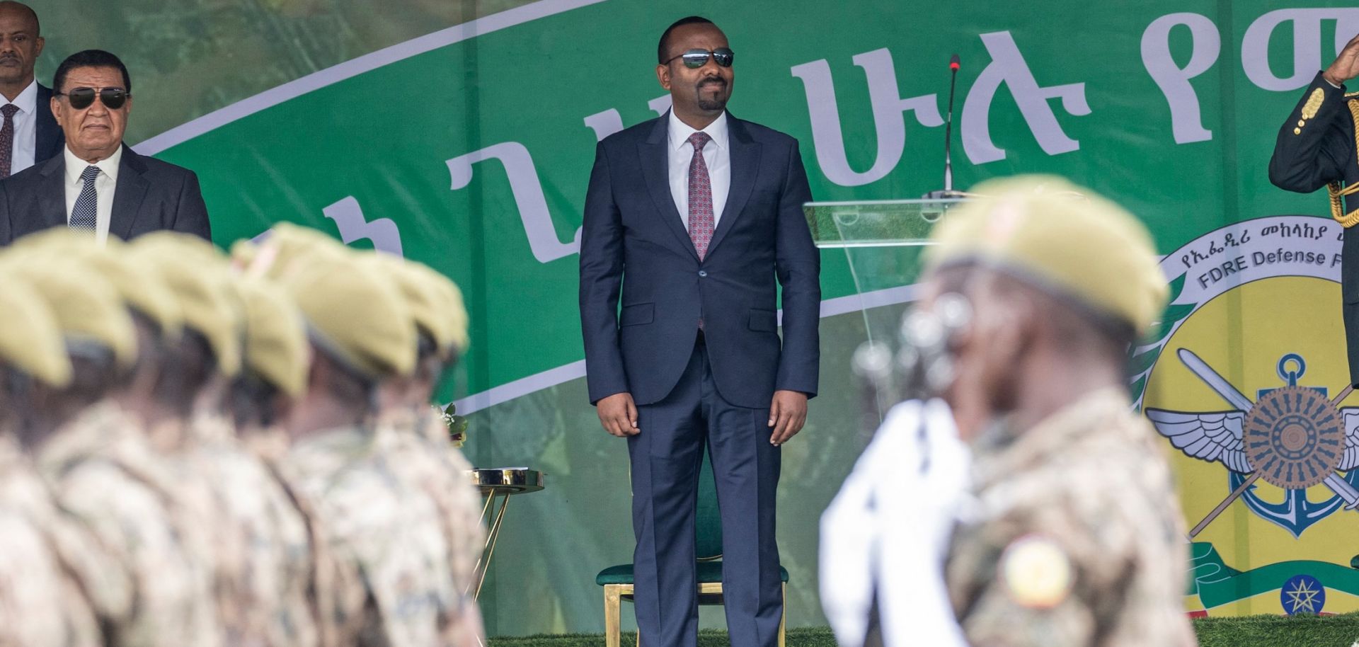 Ethiopian Prime Minister Abiy Ahmed (C) on Oct. 26, 2023, looks on as members of the Ethiopian National Defense Force parade on Ethiopian Defense Force Day in Addis Ababa, Ethiopia.