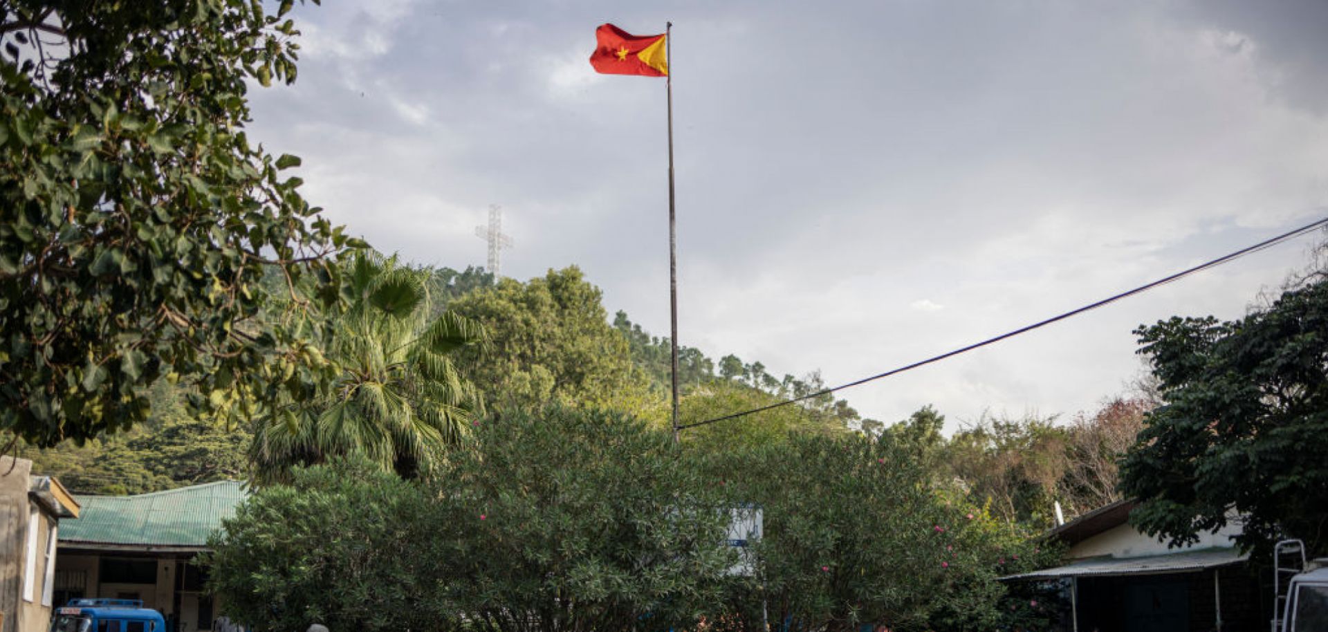 A Tigrayan flag waves at the entrance of a hospital in Tigray's regional capital, Mekele, on Oct. 10, 2024. 