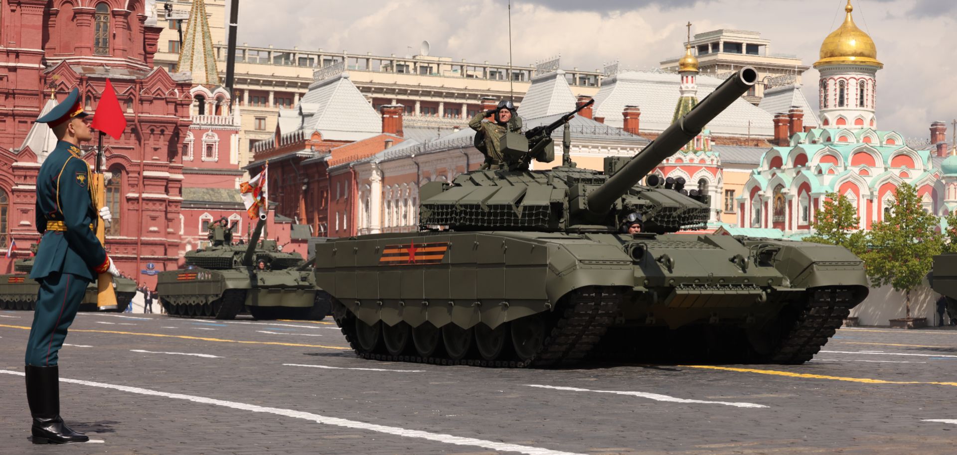 Russian officers ride T-14 Armata tanks during the Red Square military parade's rehearsal on May 7, 2025, in Moscow, Russia. 