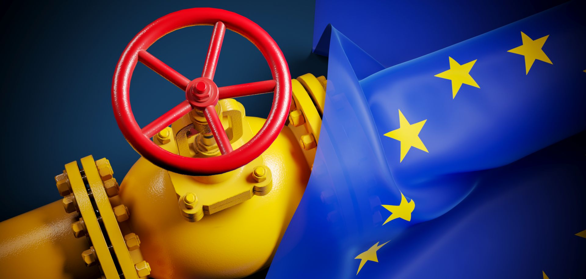 A 3D rendering of the European Union's flag and a gas valve on the Nord Stream natural gas pipeline.