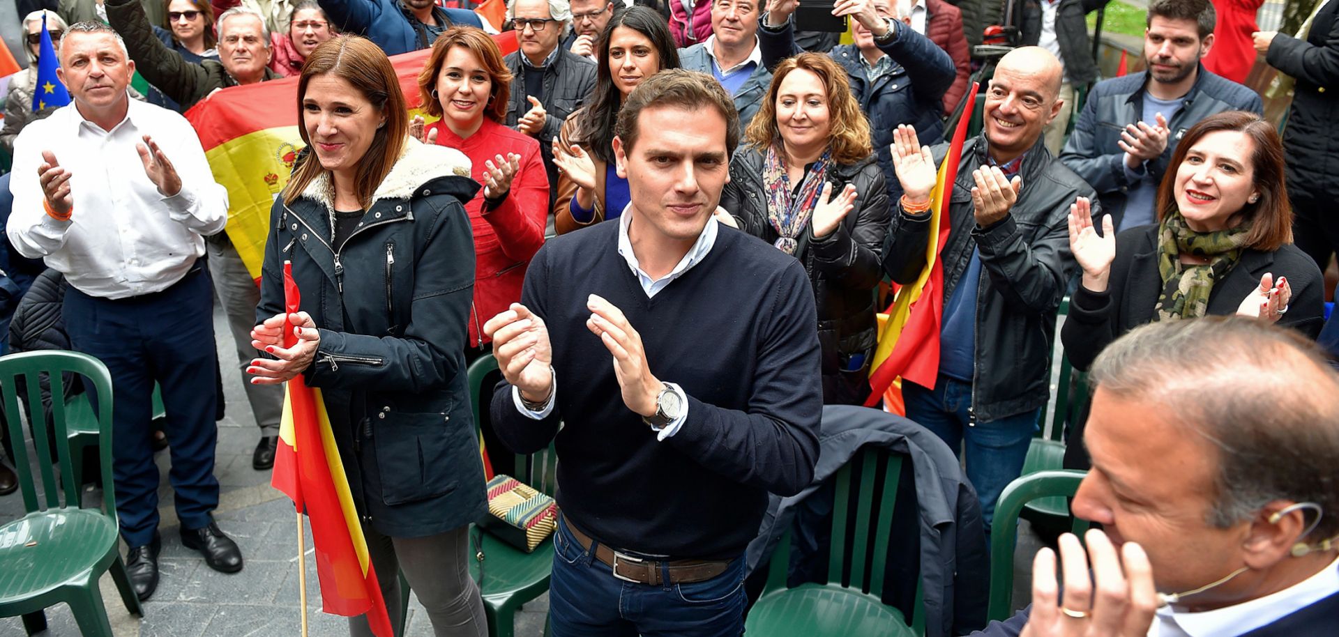 Albert Rivera, center, leader of Spain's center-right Ciudadanos (Citizens) party, leads a campaign rally in Renteria on April 14, 2019.