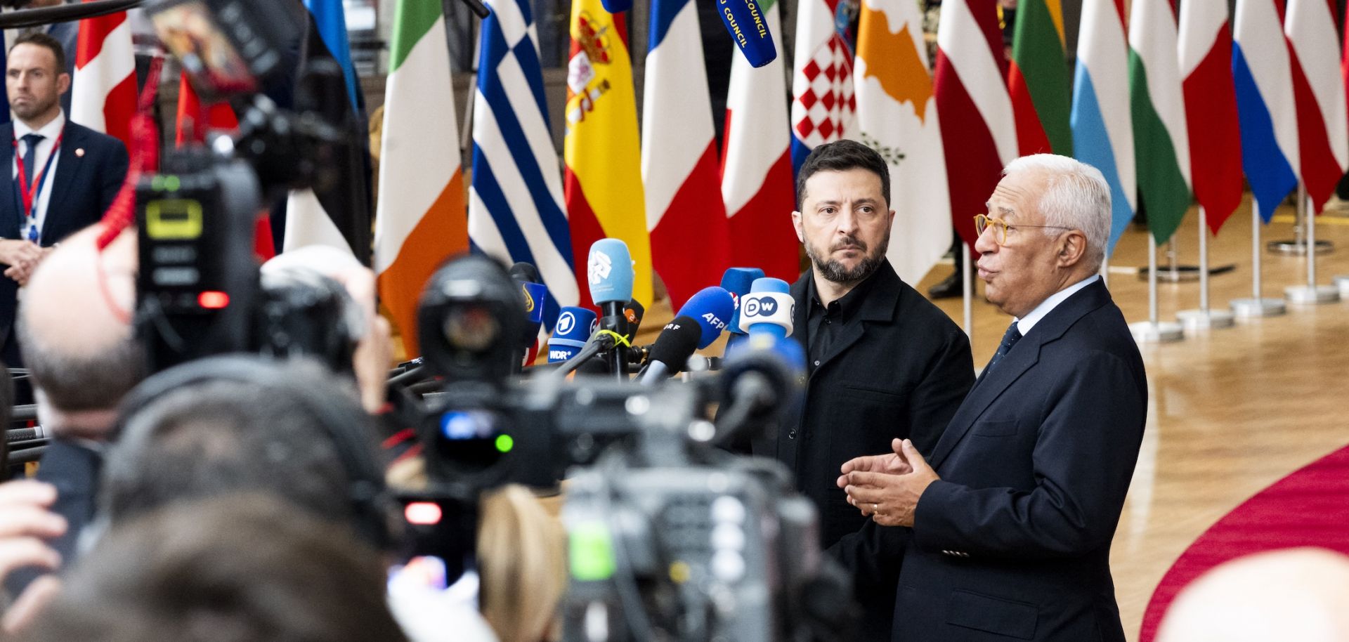 European Council President Antonio Costa and Ukrainian President Volodymyr Zelensky arrive for a meeting of the European Council on Oct. 23.