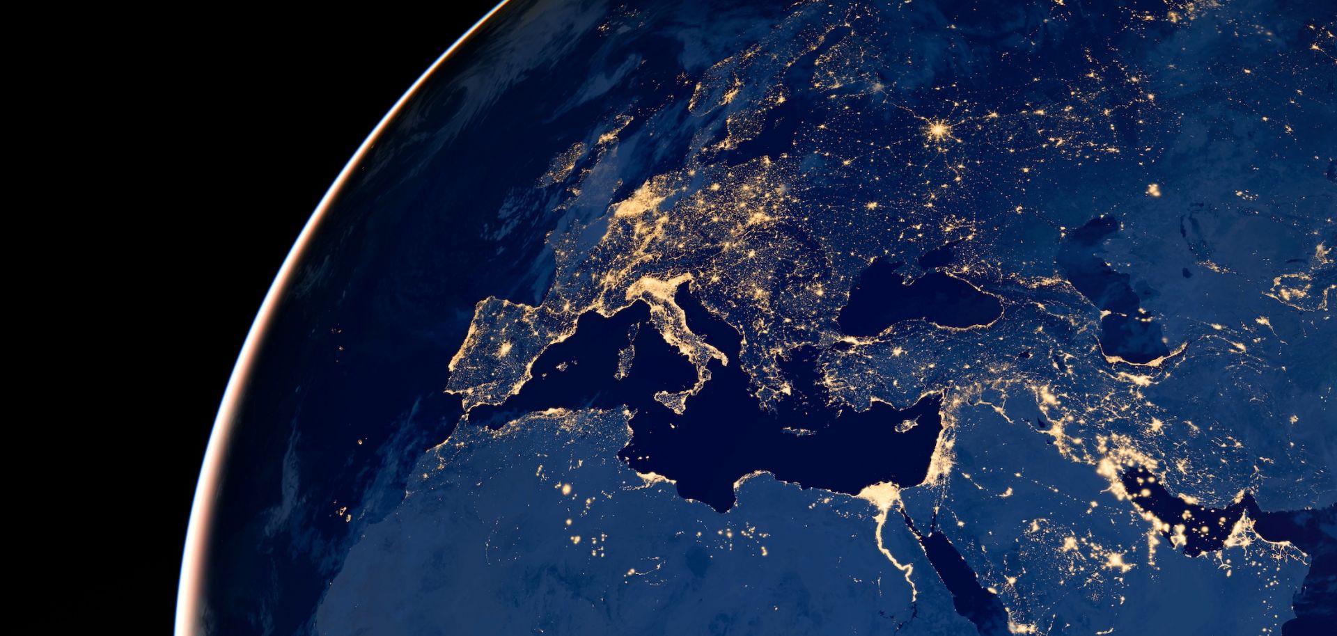 A NASA satellite image shows the city lights of Europe. 