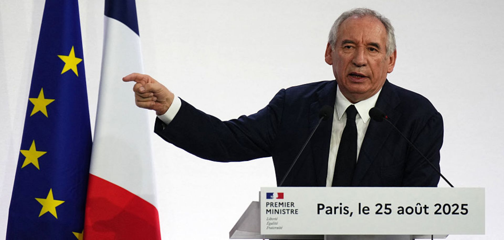 French Prime Minister Francois Bayrou speaks during a press conference in Paris on Aug. 25, 2025. 