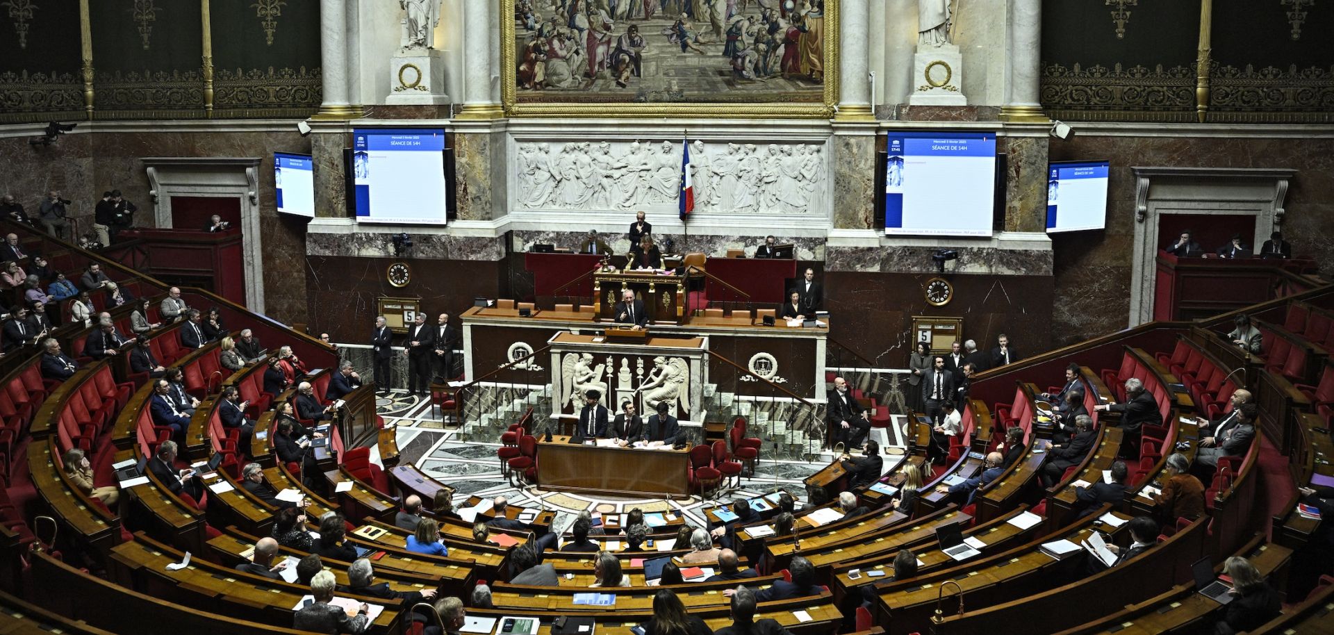 French Prime Minister Francois Bayrou (center) addresses the National Assembly in Paris, France, on Feb. 5, 2025, ahead of a vote on a no-confidence motion against him. 