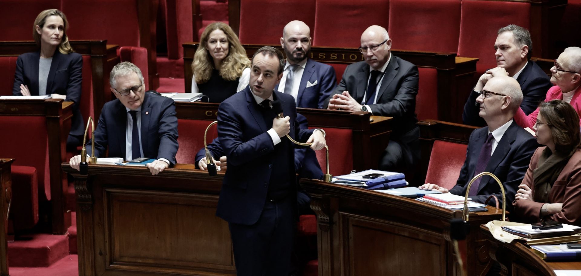 French Prime Minister Sebastien Lecornu speaks in parliament after surviving two no-confidence votes in Paris, France on Jan. 23 23, 2026. 