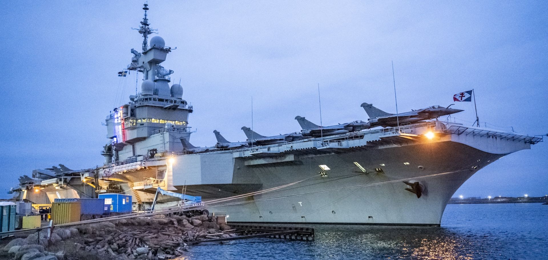 The French aircraft carrier Charles de Gaulle (R91) on Feb. 25 at the quay of the North Port in Malmo, Sweden.