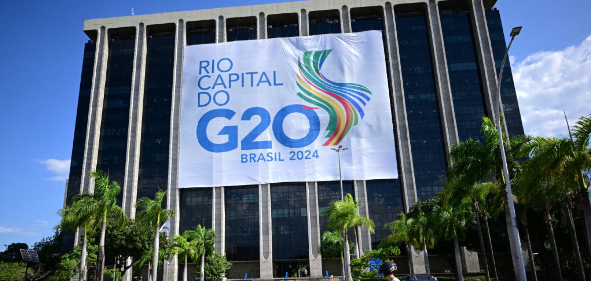 A G-20 summit banner on Nov. 12 at City Hall in Rio de Janeiro, Brazil.