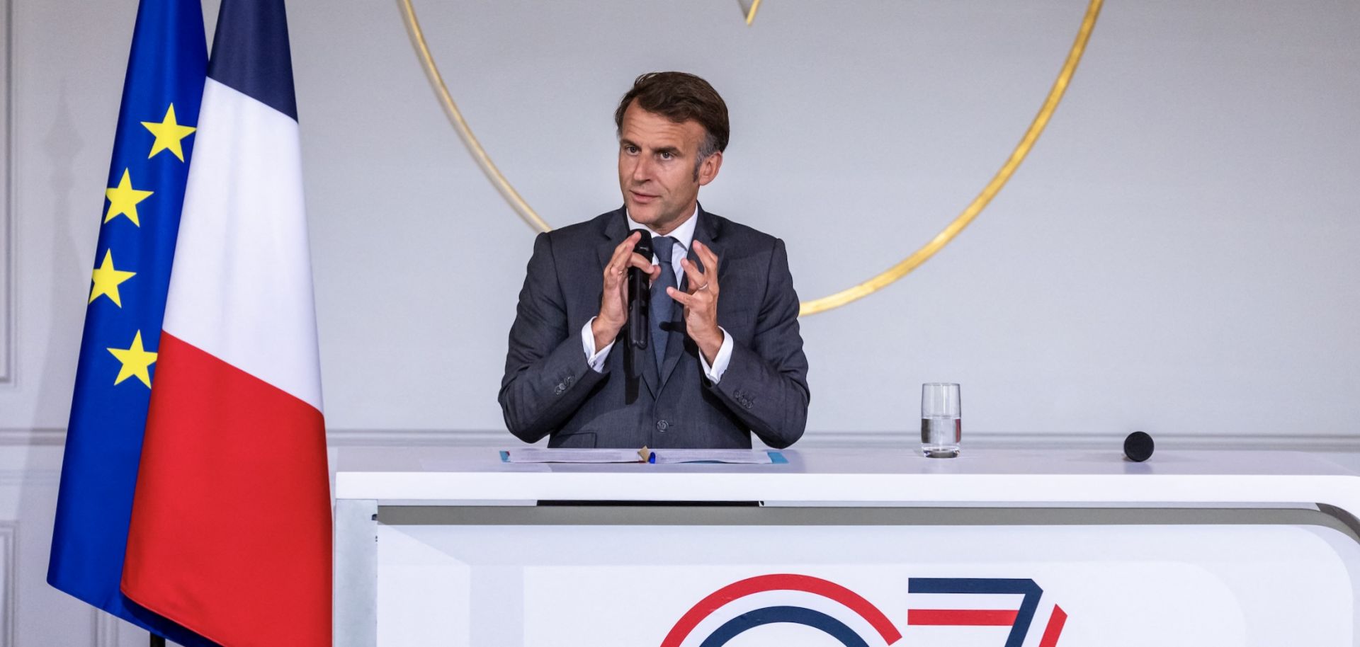 French President Emmanuel Macron speaks during a meeting with leaders of the G7 Engagement Groups ahead of the upcoming G7 summit at the Elysee Palace in Paris on June 10, 2026. 