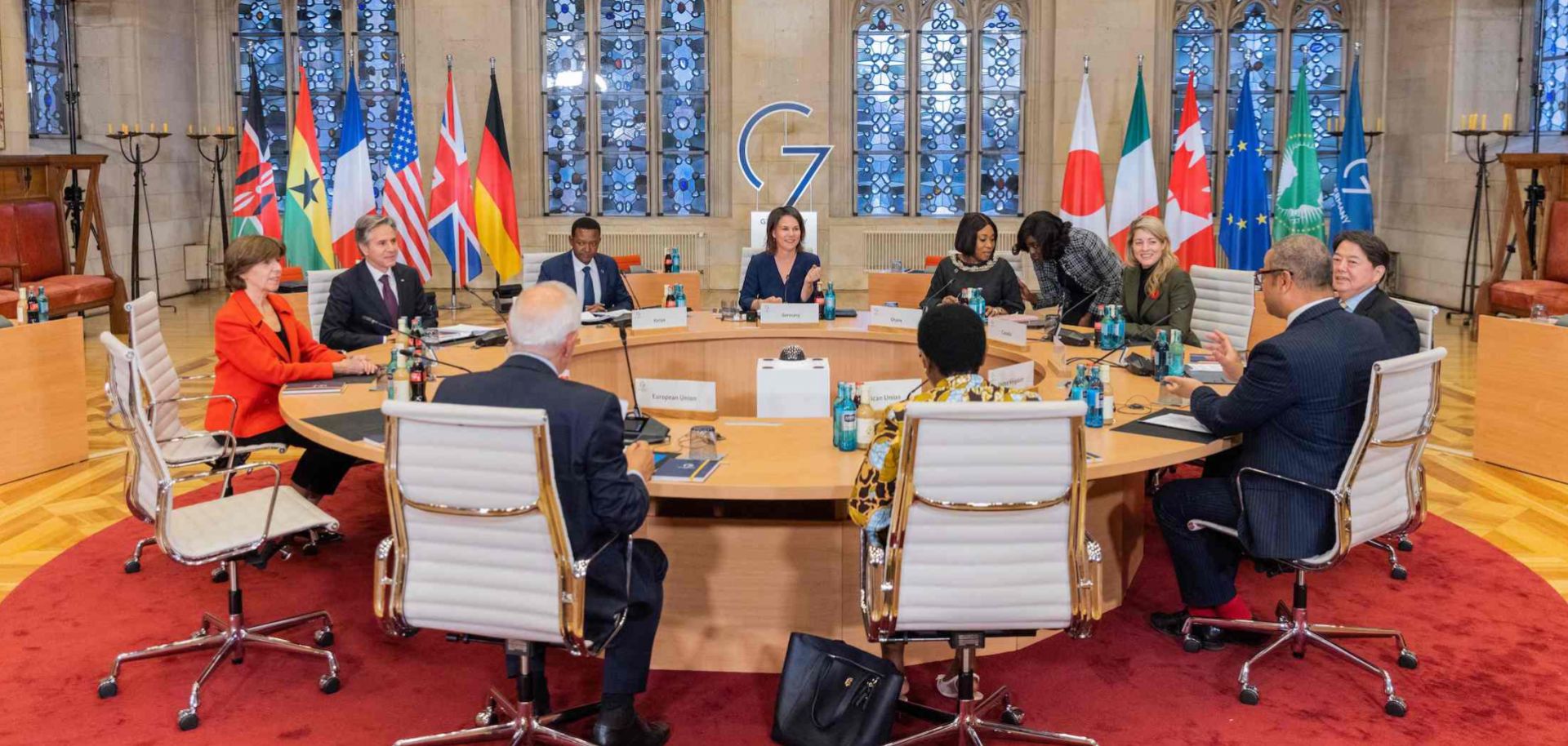 Officials from Germany, Ghana, Canada, Japan, the United Kingdom, the African Union, the European Union, France, the United States and Kenya participate in a working session at a G-7 Foreign Ministers Meeting in Muenster, western Germany, on Nov. 4, 2022. 