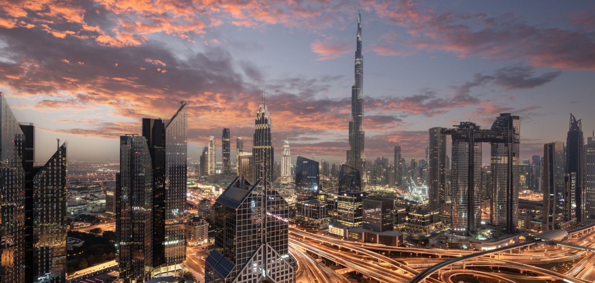 The city skyline in Dubai is seen at sunset.