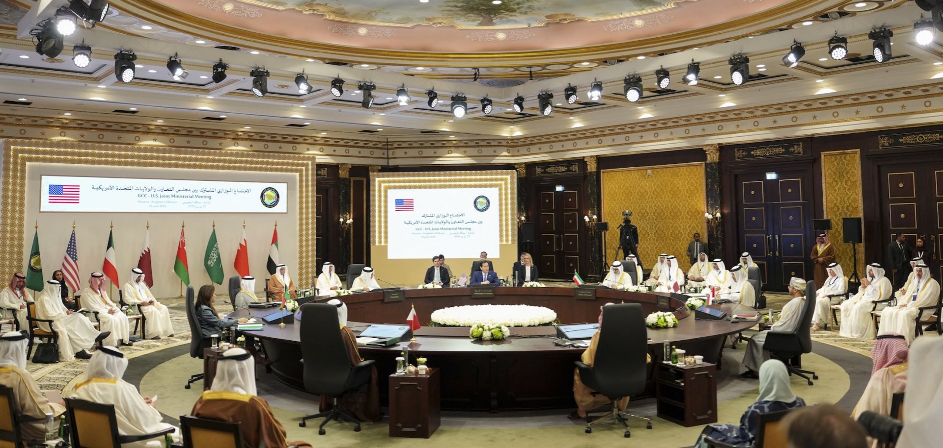 U.S. Secretary of State Marco Rubio (C, top) meets with GCC foreign ministers during his visit to the Middle East to discuss with Arab Gulf allies the interim deal between the U.S. and Iran on June 25 in Manama. While Qatar and Saudi Arabia explore restoring trade ties with Iran, the United Arab Emirates is aligning its security with Israel and the United States.