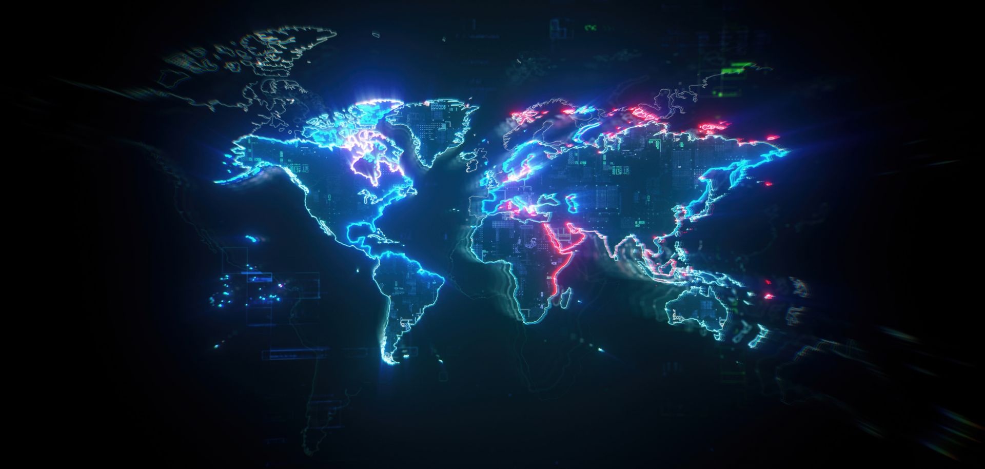 A world map on a dark digital background representing global communication and global finances