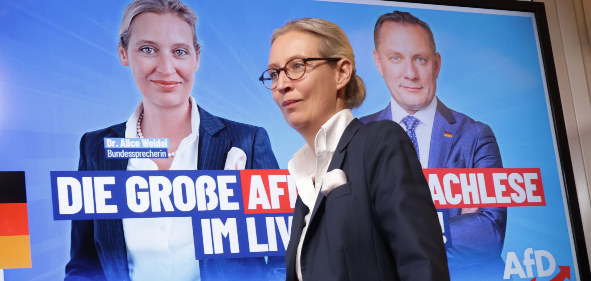 Alice Weidel, co-leader of the far-right Alternative for Germany (AfD) political party, arrives to speak to the media in Berlin on June 10, 2024, the day after the elections for the European Parliament were held in Germany.