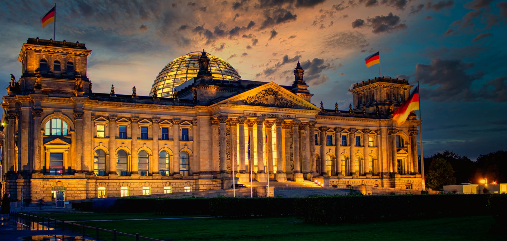The Bundestag, Germany's federal parliament, is seen at night.