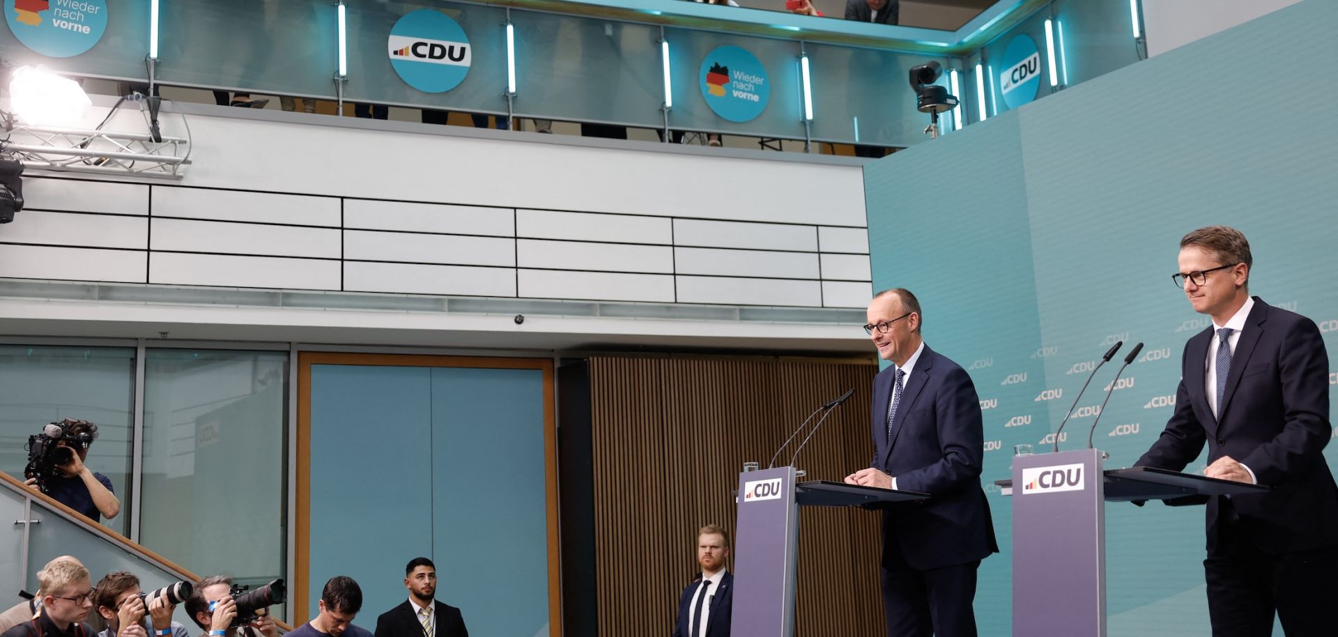 CDU leader Friedrich Merz (left) and the party's secretary general, Carsten Linnemann, hold a post-election press conference in Berlin, Germany, on Feb. 24, 2025. 