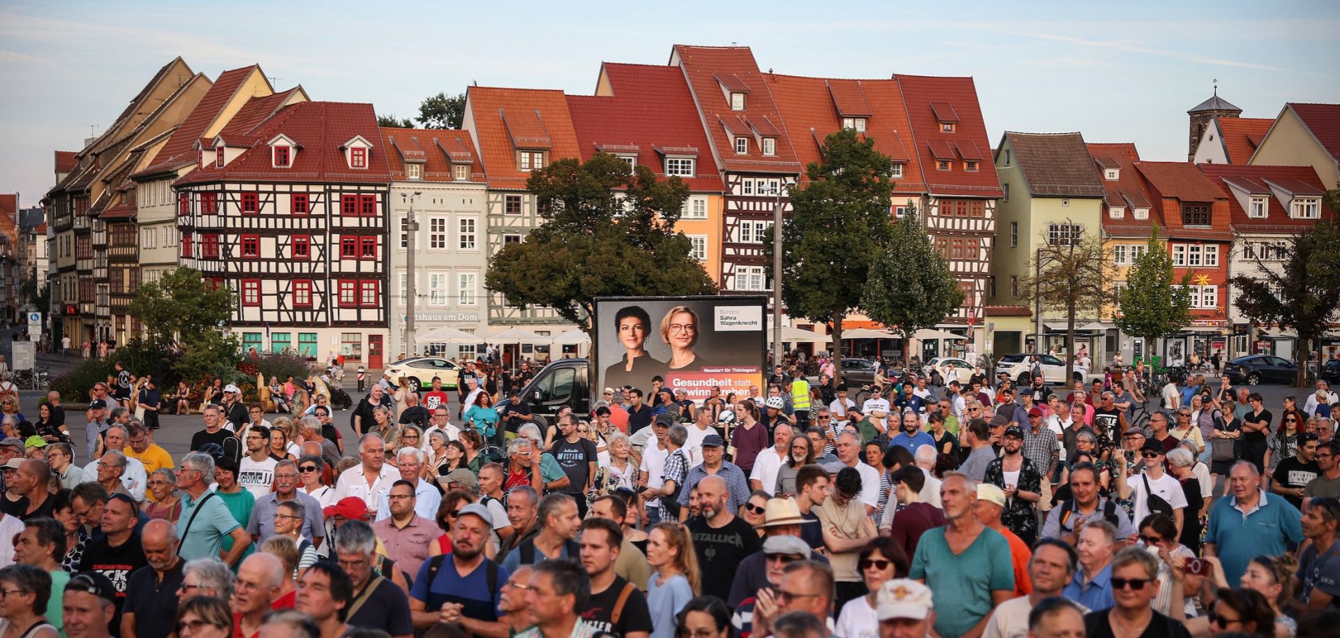 Supporters attend a campaign event for the left-wing Sahra Wagenknecht Alliance (BSW) in Erfurt, eastern Germany, on Aug. 29, 2024, ahead of upcoming regional elections.