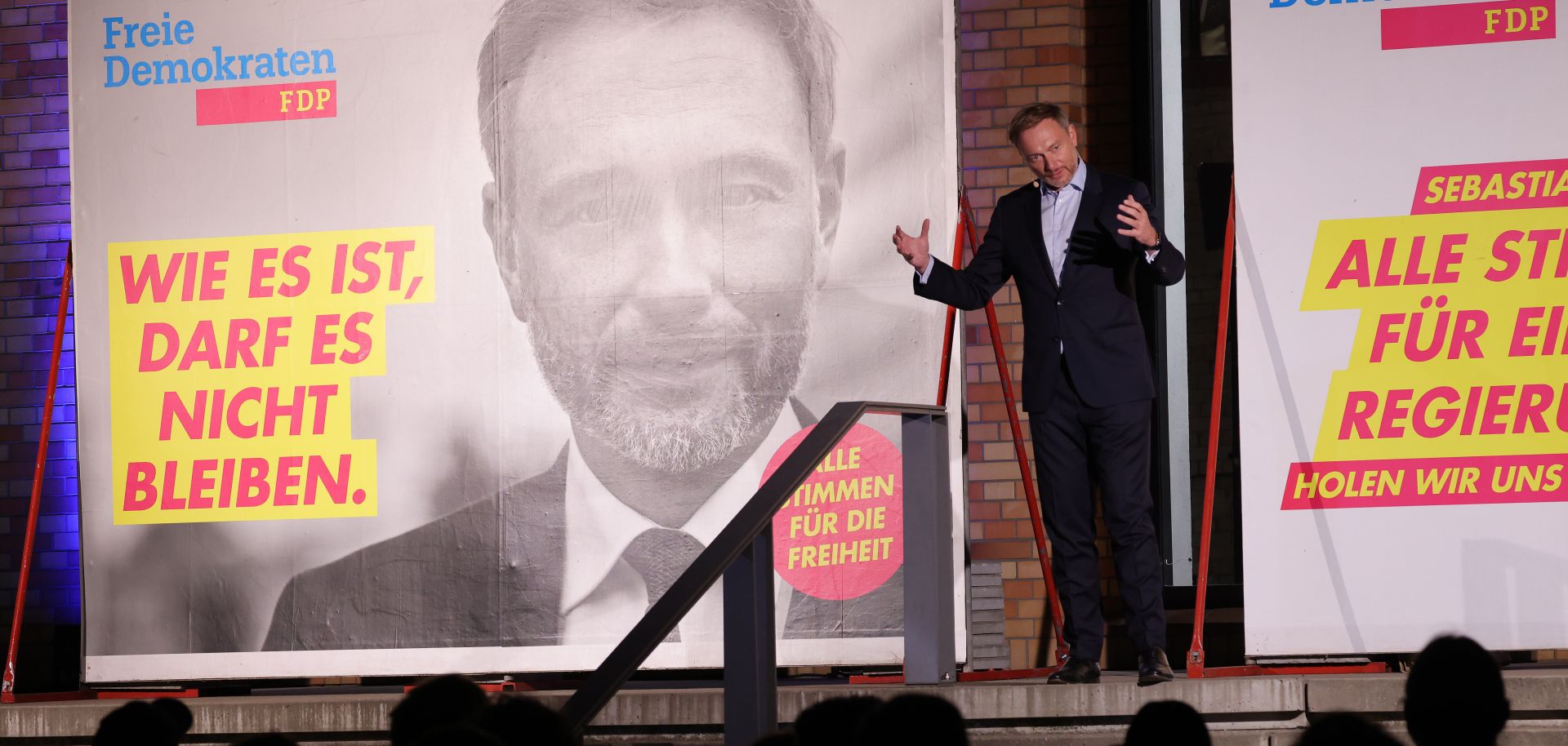 Christian Lindner, leader and lead candidate of the German Free Democrats (FDP), speaks at the concluding FDP election campaign gathering ahead of federal parliamentary elections on Sept. 24, 2021, in Berlin.