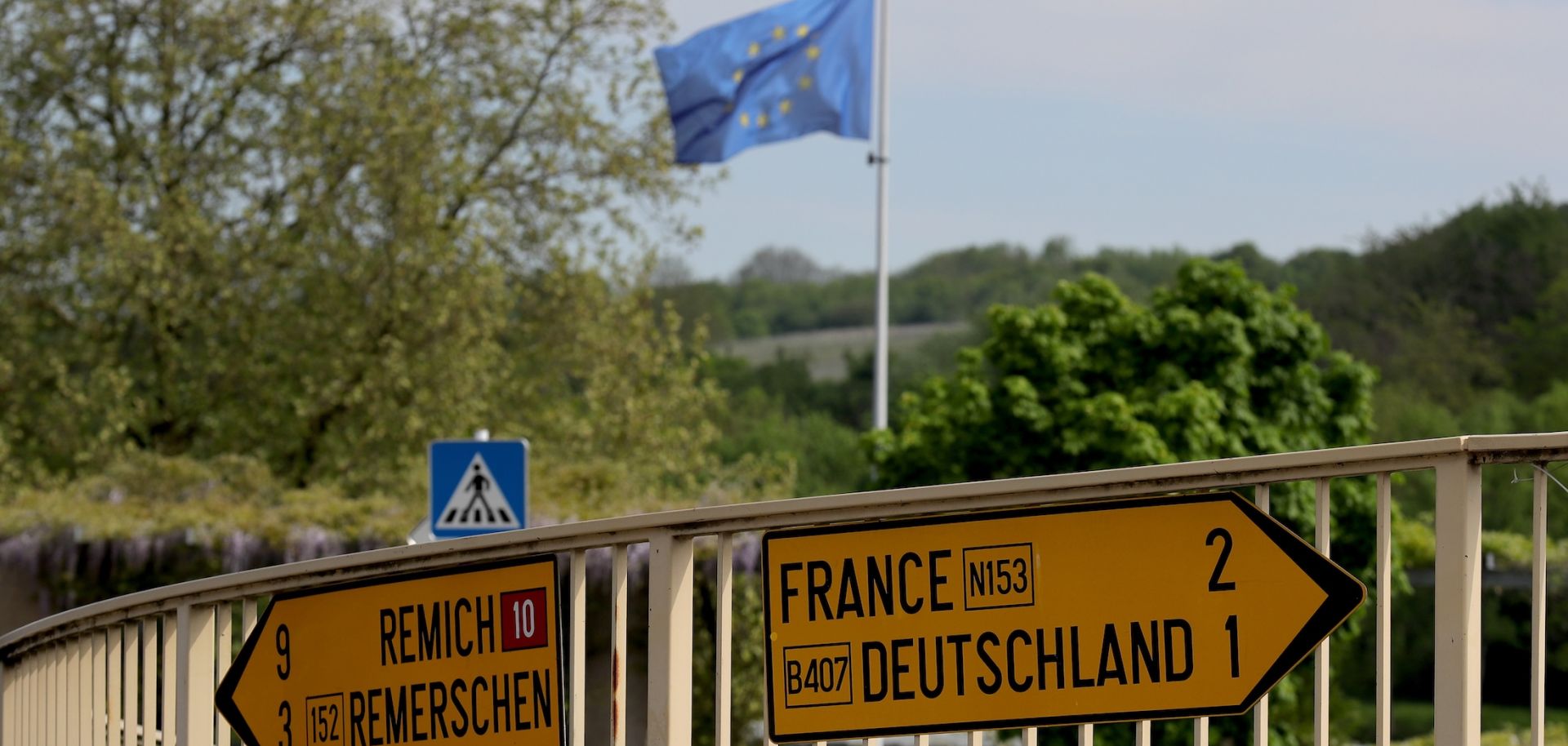 Direction signs point to Germany and France in the town of Schengen where the 1985 European Schengen Agreement was signed on May 11, 2016 in Schengen, Luxembourg. 
