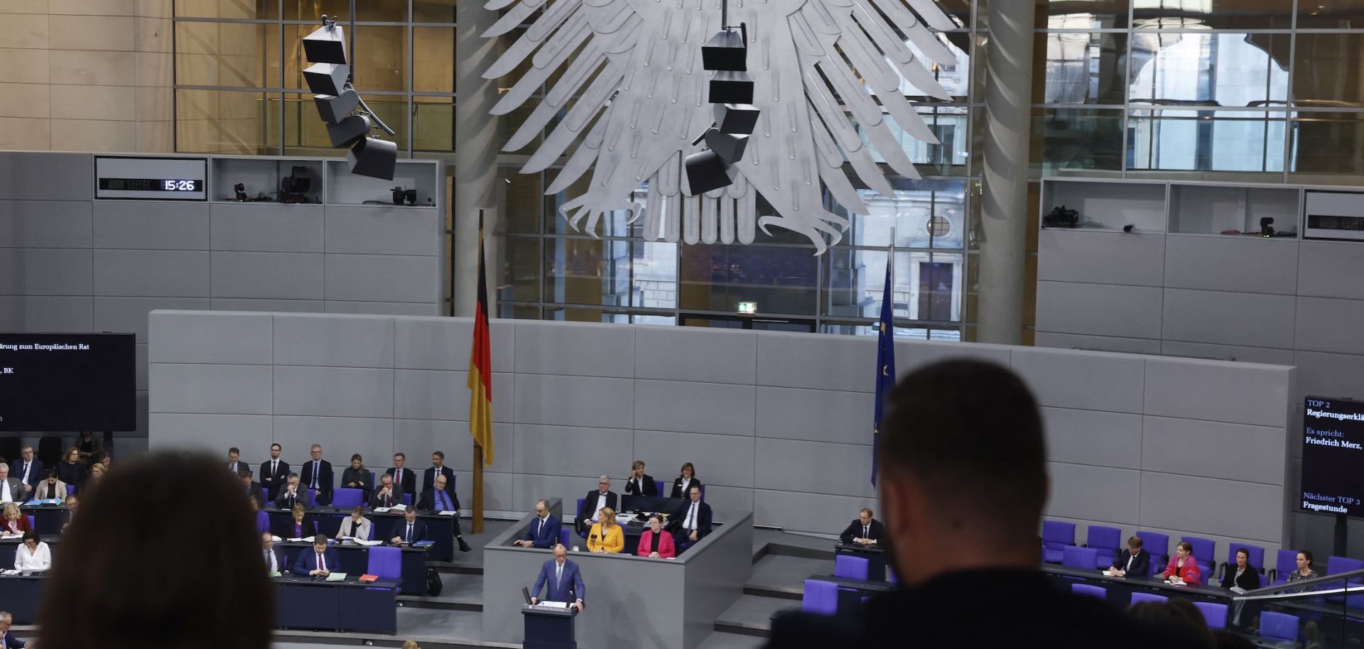 German Chancellor Friedrich Merz addresses the Bundestag on Dec 17 in Berlin.