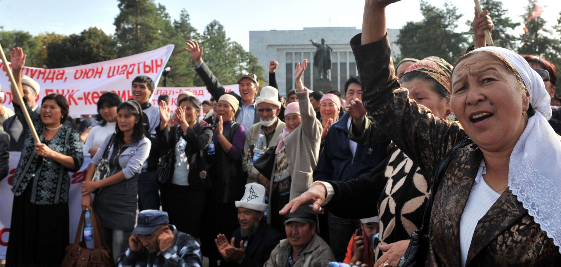 Supporters of the Kyrgyz Byutun party shout during their protest against the results of the Parliamentary elections in Bishkek on October 18, 2010.
