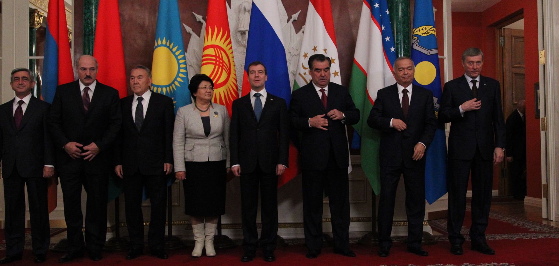 pose during a group photo session at t The Collective Security Treaty Organisation or CSTO pose for a group picture on December, 10, 2010 in Moscow, Russia.